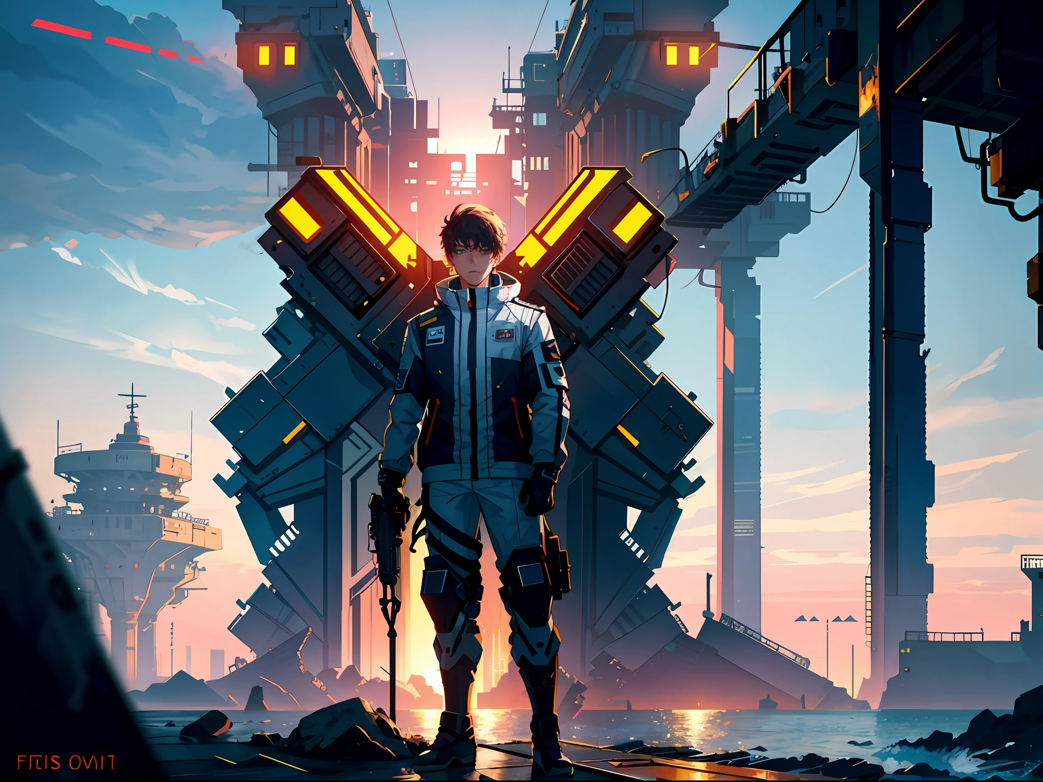 HD clear, best images, illustrations, super detailed, a young teenager in a cyberpunk style (white combat uniform), detailed face, and facial features, standing on the seaside pier, a virtual panel appears in front of his eyes