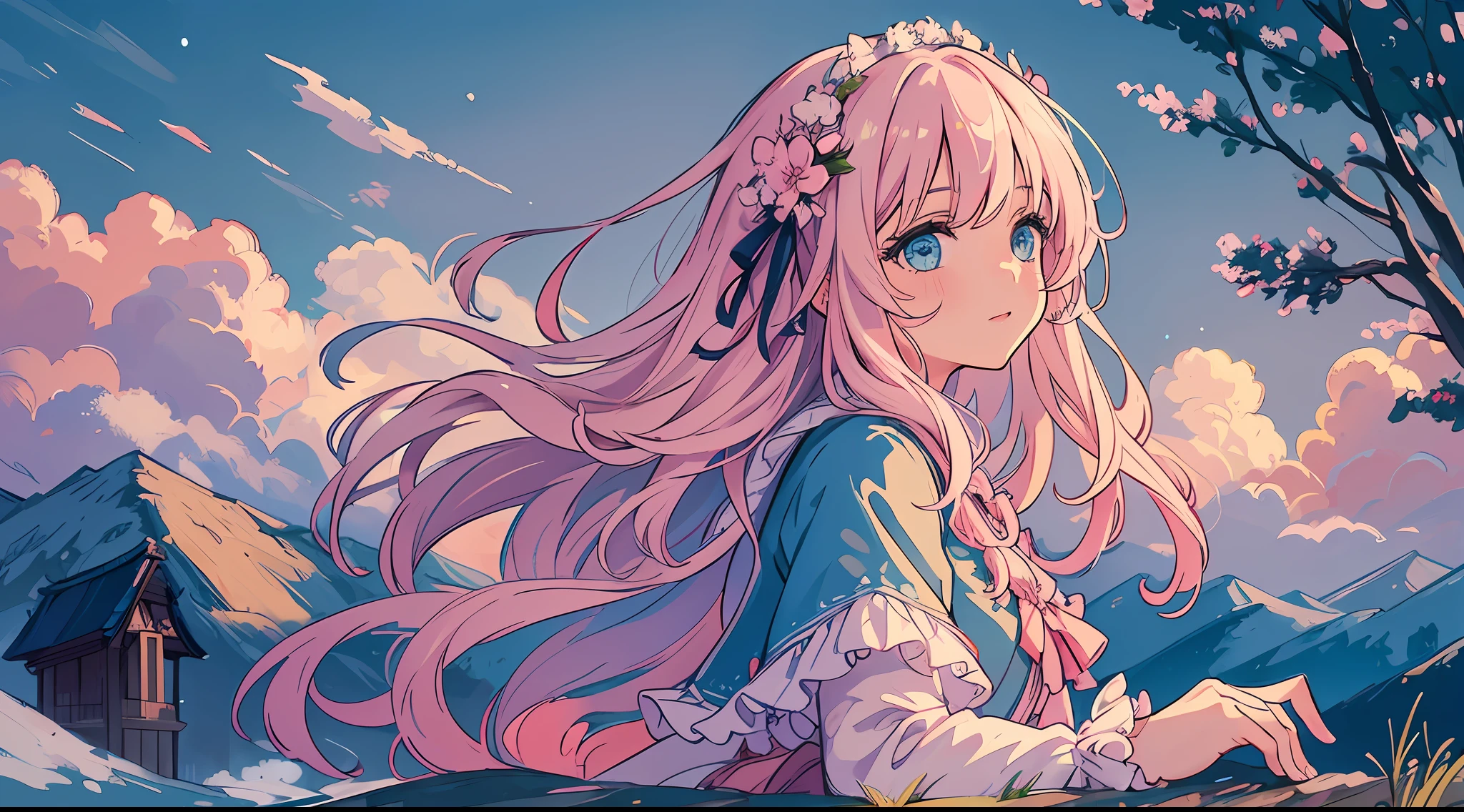 (1girl:1.2), slight blush, hands down, wavy hair, long hair, fluffy hair, pastel pink hair, icy blue eyes, sakura tree, hair flower, capelet, lace trim, lace, frills, ta, elegant, bodice, wind, winter, mountain range, mountain sitting near mountain, detailed water, sparkling eyes, light smile, peaceful, winter, extremely detailed, depth of field, cinematic lighting, Ghibli-like colours, high detail, scenery, high place, horizon, wind, wind blow, looking at viewer, lolilothes, 8k, bokeh, from side, award winning, (masterpiece:1.2), best quality, anatomically correct, perfect hands