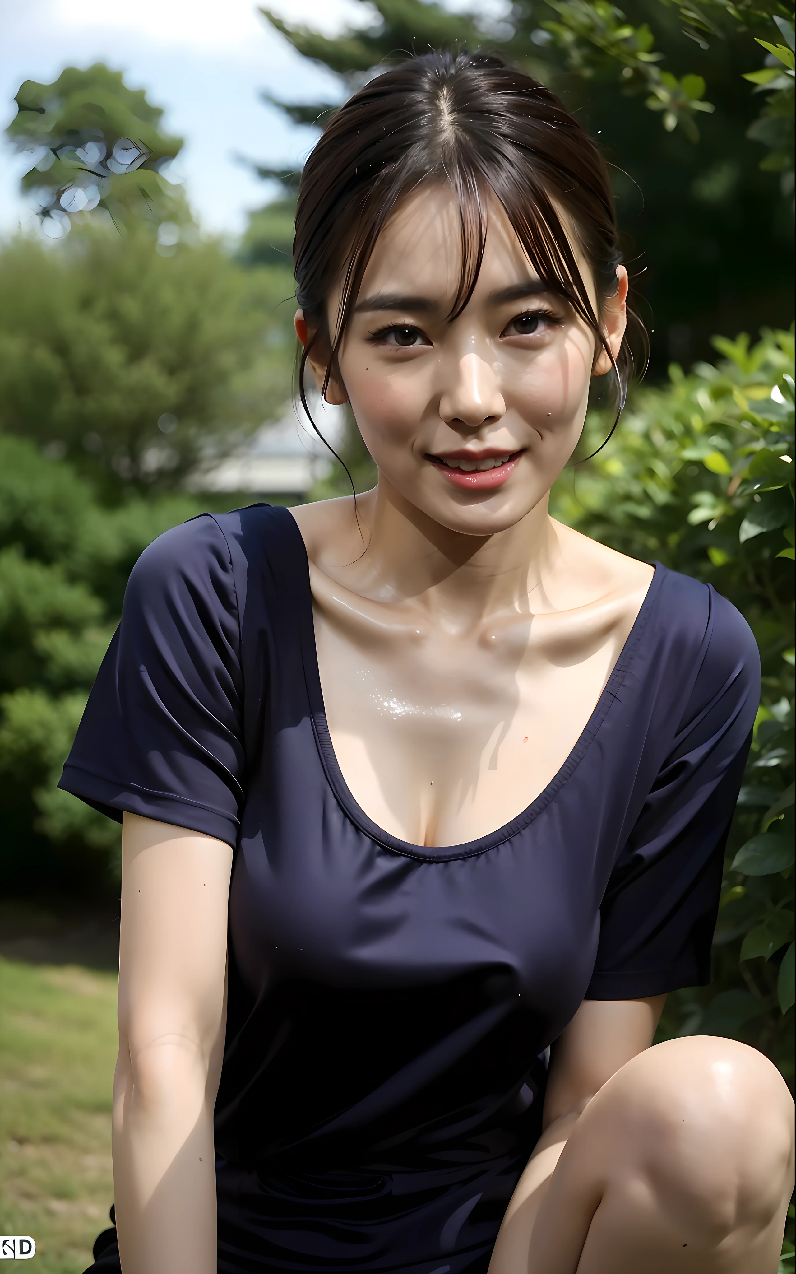 (Best quality, 8k, 32k, Masterpiece, UHD:1.2),Photo of Pretty Japanese woman,black short hair,beauty face,(leaning forward:1.3),squatting,(from above:1.2),(close up:1.4),pov,loose t-shirt,large breasts,(beautiful nipple slip:0.9),outdoors,windy,shiny skin,blurry background,北川景子