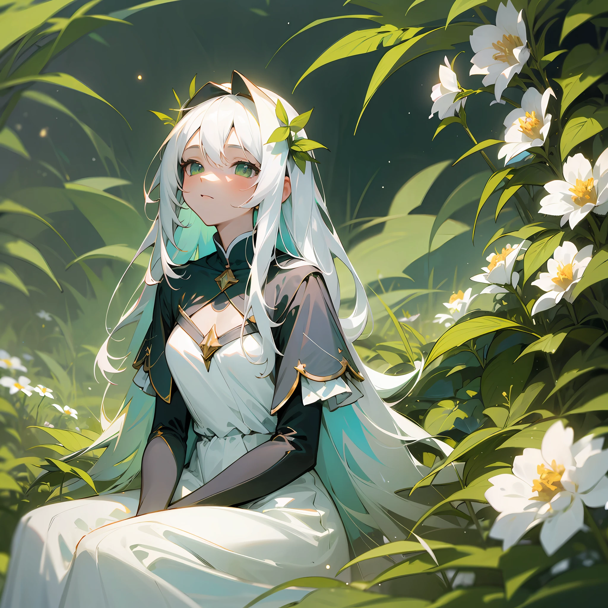 (Masterpiece, best quality) 4K 1 long white hair girl sitting in a field of green plants and flowers, warm light, white dress, starlight around the figure --auto --s2