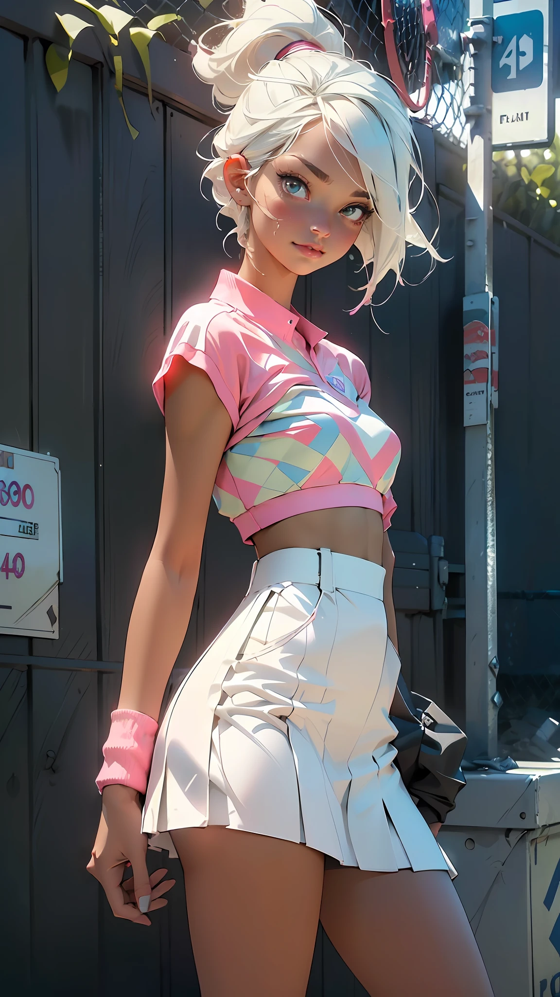 Highest quality, perfect masterpiece, perfect art, 8K, (young and energetic girl, tennis, wearing pink-blue-red color-block sneakers, urban tennis style dressing, top is clean babes white T-shirt, light blue pleated skirt, socks with white as the main color pink stripes, with tennis rackets, the environment is a tennis court; The weather is clear and cloudy; The overall color tone is bright; thick coating style; , delicate face, white hair girl, (white hair: 1.3), medium and short hair, (black background: 1.3), pearl illusion, cyberpunk, fashion trends, 3s material, HD, detail performance, c4d, 3D, octane rendering, ray tracing, complex details, animated lighting, OCrenderer, 8k,