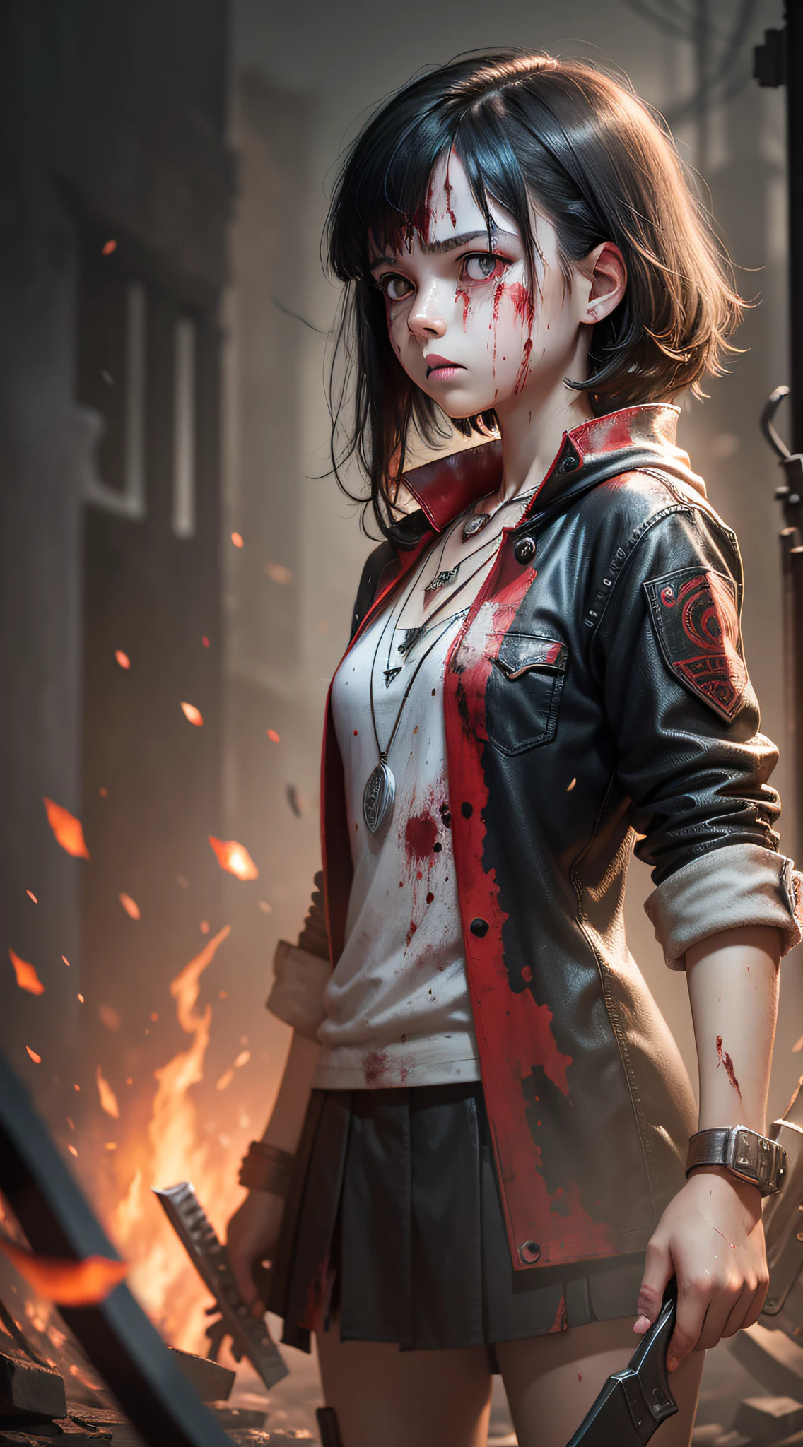 12 year old girl, holding a bloodied knife, red necklace on her neck, front view medium and black hair, wearing rogue clothing, background with debris and blood, lighting, detailed shadows, full body, realistic, white skin, fire particles, epic scene, fearless look, drops of blood on her face