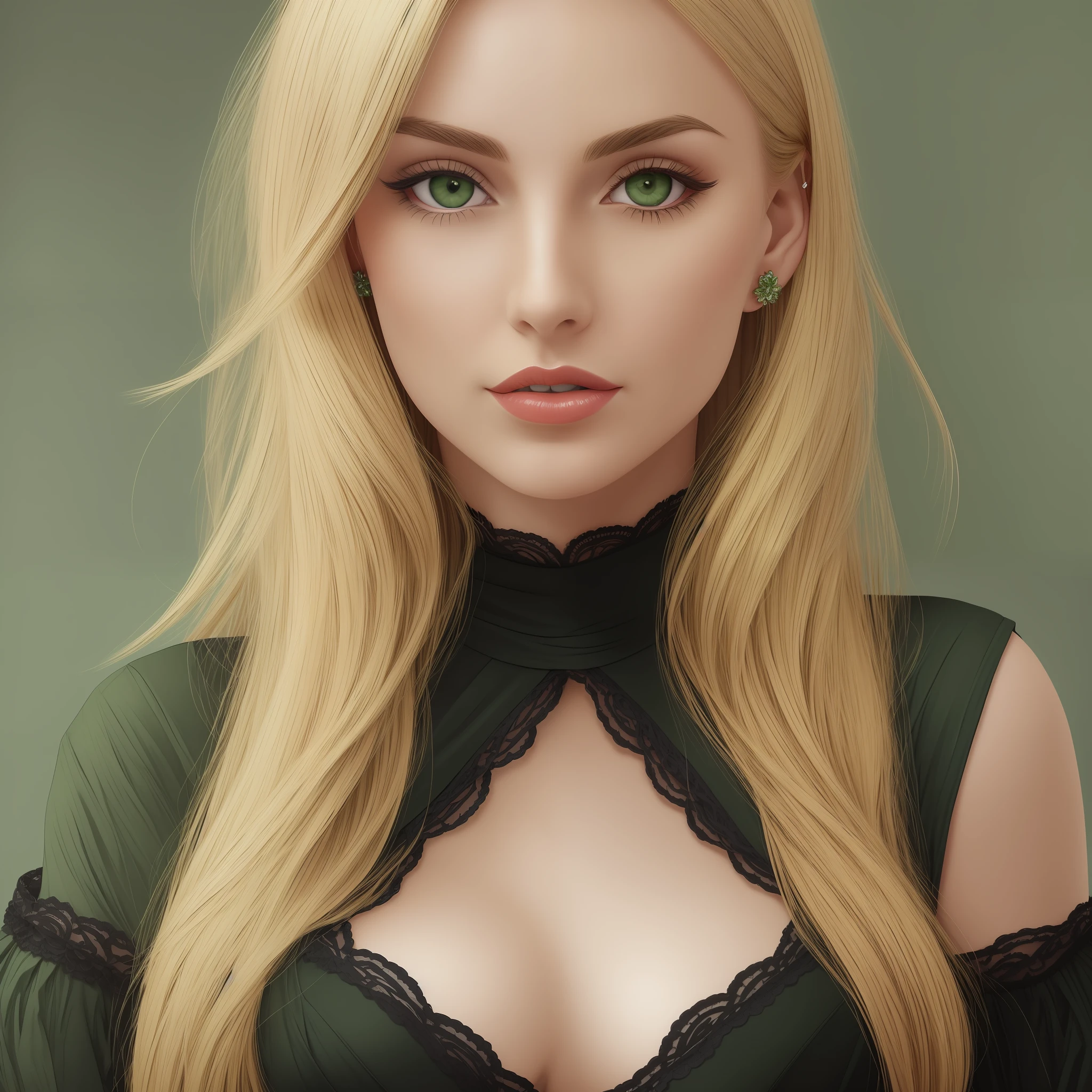 A tall, beautiful woman with blonde hair and green eyes, with a small nose and plump red-coloured lips and black curled eyelashes, wearing a green tight-waisted dress and a pair of black scarpins, realistic face, portrait --auto --s2