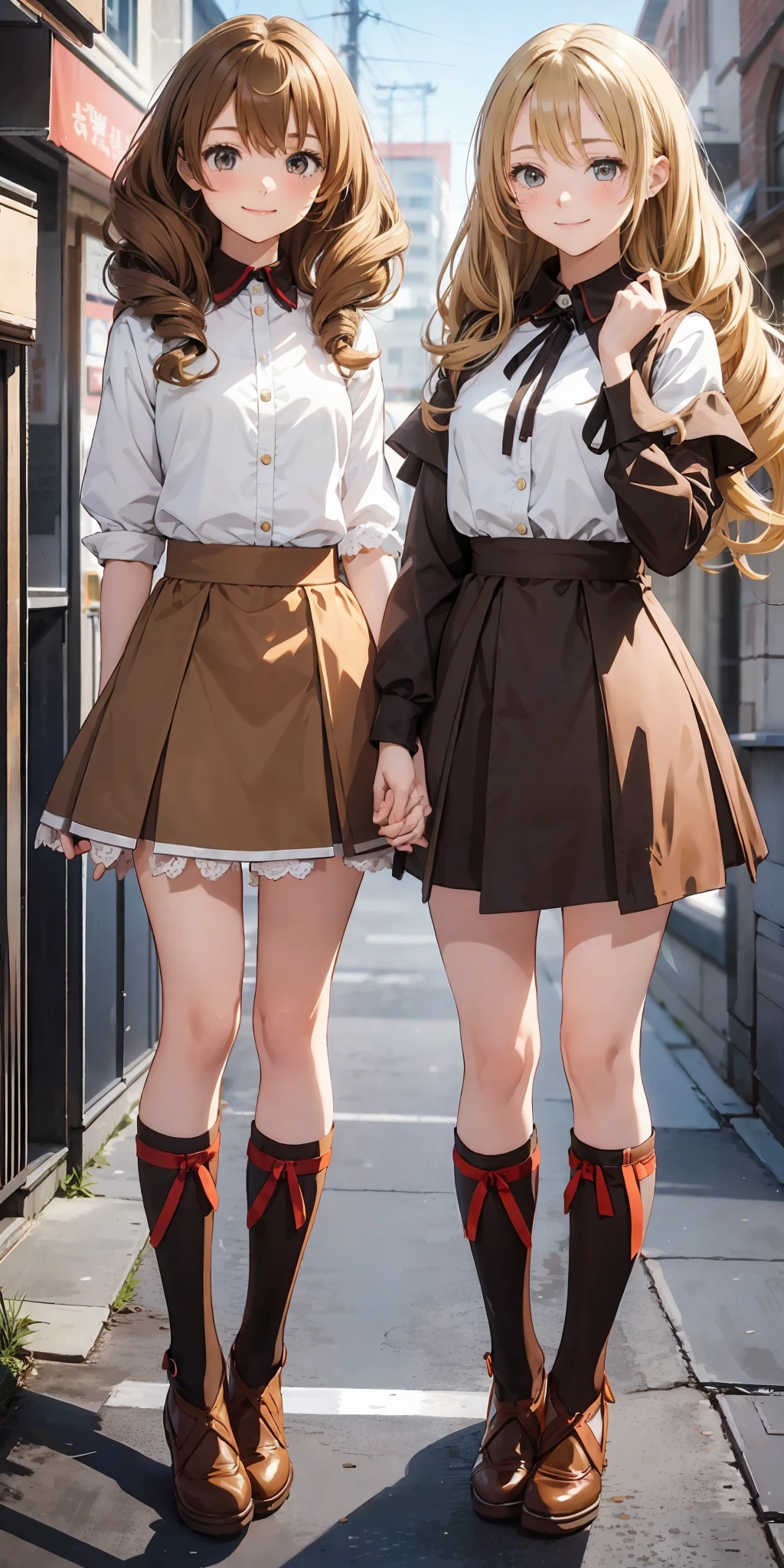 perfect anime illustration, 2girls, twin sisters, identical sisters, brown hair, blonde hair, (1 blonde girl, 1 brown haired girl, different hair colors), curly hair, matching hairstyle, hazel eyes, smiling, ((matching outfits)), matching hairstyles, white background, highres, full body, pose