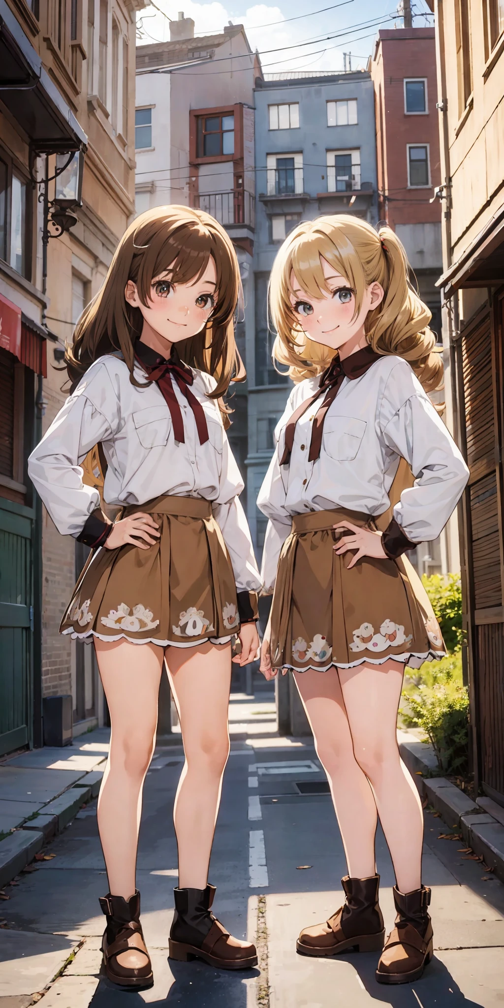 perfect anime illustration, 2girls, twin sisters, identical sisters, brown hair, blonde hair, (1 blonde girl, 1 brown haired girl, different hair colors), curly hair, matching hairstyle, hazel eyes, smiling, ((matching outfits)), matching hairstyles, white background, highres, full body, pose