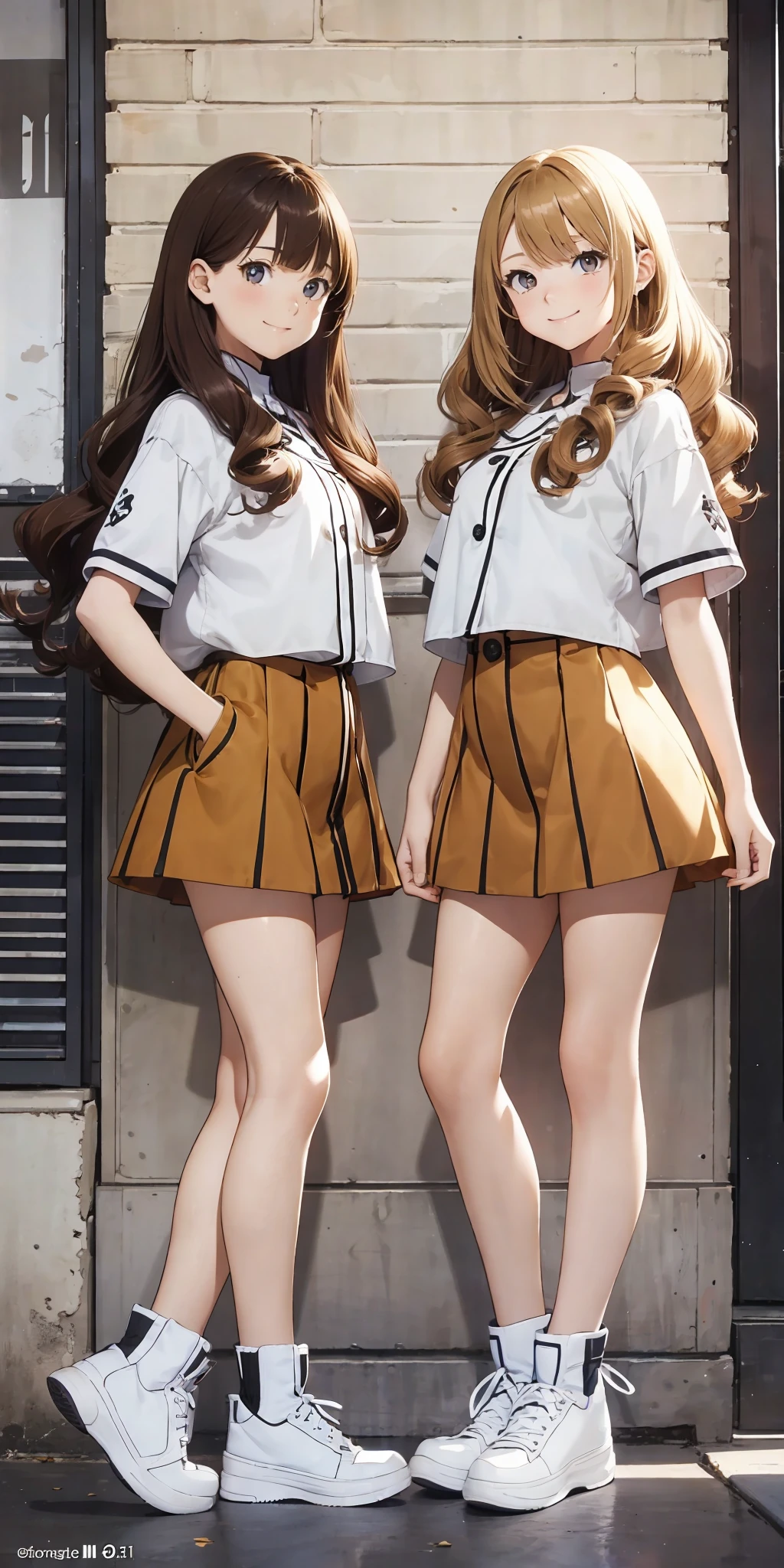 perfect anime illustration, 2girls, twin sisters, identical sisters, brown hair, blonde hair, (1 blonde girl, 1 brown haired girl, different hair colors), curly hair, matching hairstyle, hazel eyes, smiling, ((matching outfits)), matching hairstyles, white background, highres, full body, pose