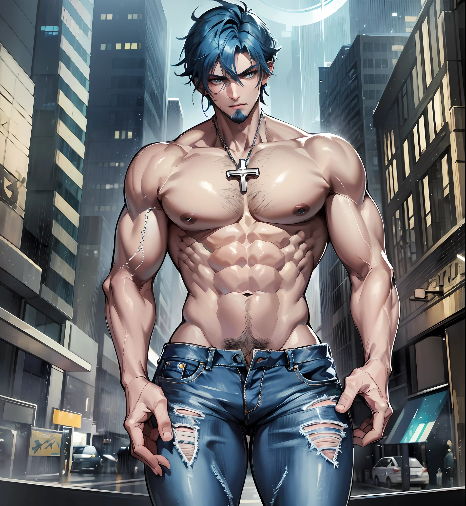 man, short blue hair, blue beard, thick blue eyeshadow, emerald green eyes, thick arms, hidden hands, wearing cross brico on left ear, defined jaw, glued jeans, big mouth, aggressive seductive look, defined body, clear and rainy landscape, leaning against car, with buildings, weights around blurred, more blurred background, --auto --s2