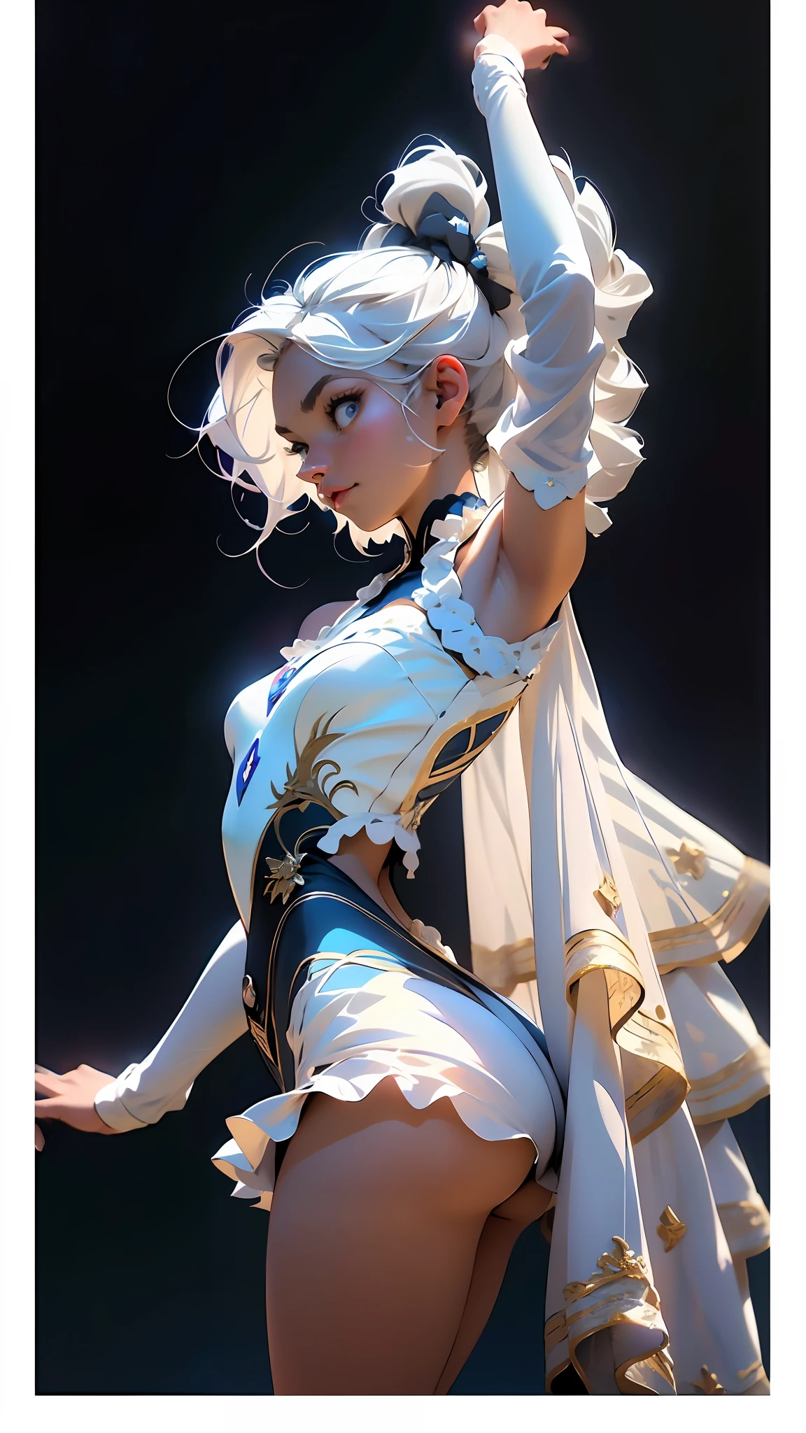 1girl, beautiful detailed face and eyes, white hair, ballerina, arabesque, minimalism, side view, dark blue background, simple background, fisheye, masterpiece, highest quality, highest quality, official art, beautiful and aesthetic, animation, lift , colorful ballerina outfit, dynamic poses