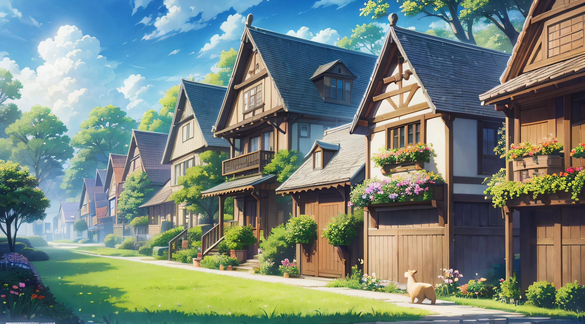 masterpiece,best quality,official art,extremely detailed CG unity 8k wallpaper,outdoors, animal, spring \(season\), cloudy sky,studio ghibli, garden,village,