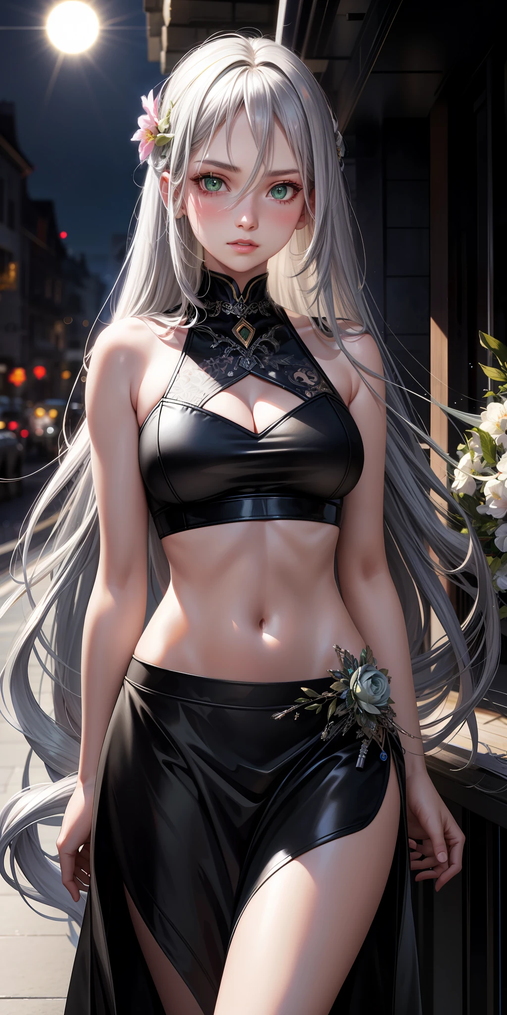 realistic, 1girl, silver hair, very long hair, green eyes, glowing eyes, crop top, skirt, parted lips, blush, night, flowers, sun, sunlight,