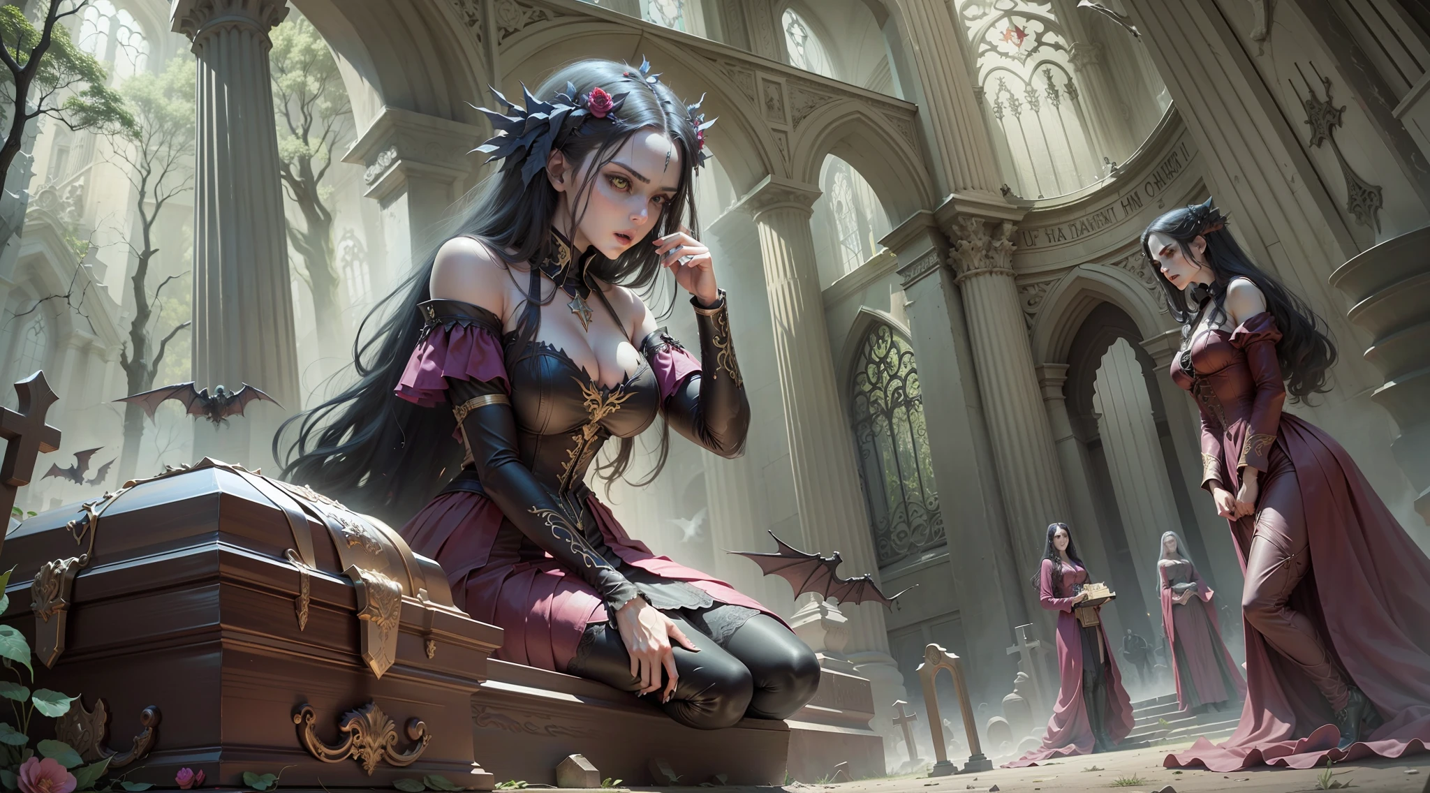 The archangels hunted them down to kill them, In coffins the vampires hid, many coffins in the cemetery, vampires entering the tomb Fantastic realism, (Masterpiece) --auto --s2