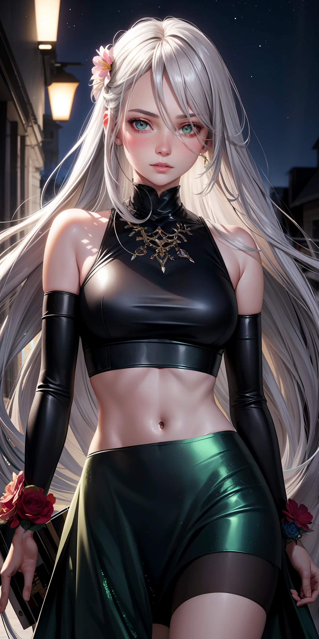 realistic, 1girl, silver hair, very long hair, green eyes, glowing eyes, crop top, skirt, parted lips, blush, night, flowers, sun, sunlight,