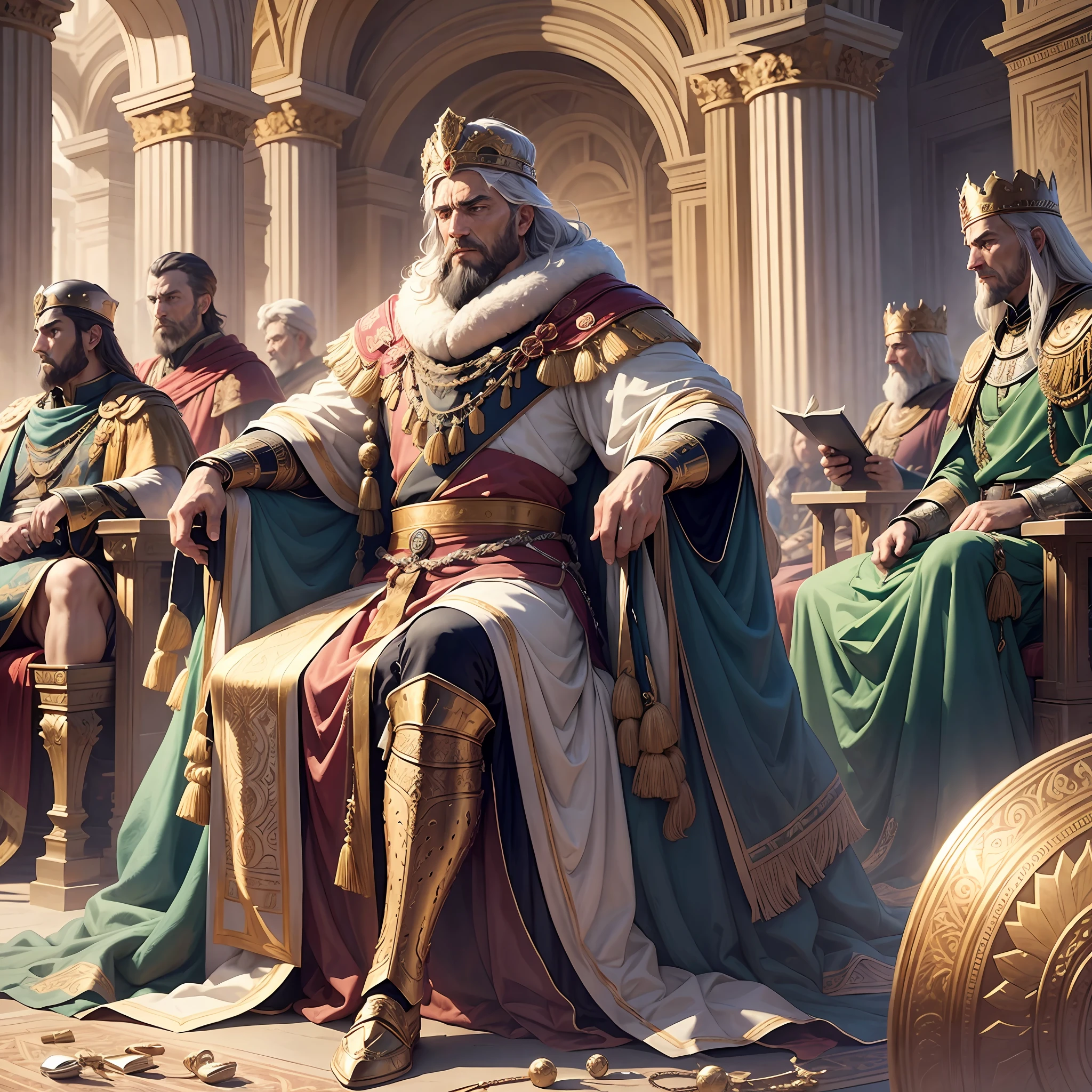 Visualize a wise and tactical Roman king, surrounded by his advisors in a palace hall. The king is sitting on an ornate throne, holding a strategic map in his hands. His expression is serious and thoughtful, demonstrating his ability to adjust strategy according to ever-changing circumstances. The surrounding councillors are engaged in heated discussions, debating the best options for victory. The scene depicts the importance of a flexible and adaptable strategy to achieve success. --auto --s2