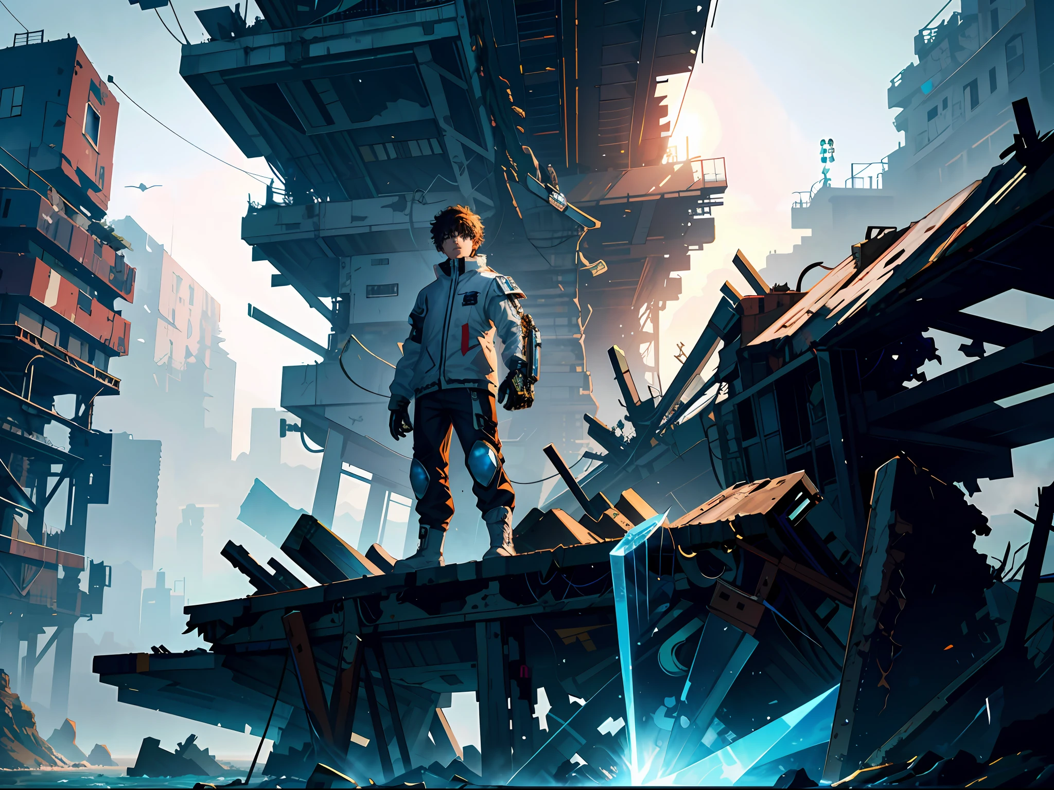 HD clear, best images, illustrations, super detailed, a young teenager in a cyberpunk-style white combat uniform, detailed face, and facial features, standing on the seaside pier, next to a pile of mechanical wreckage, the teenager holding a white crystal the size of a basketball in his hand
