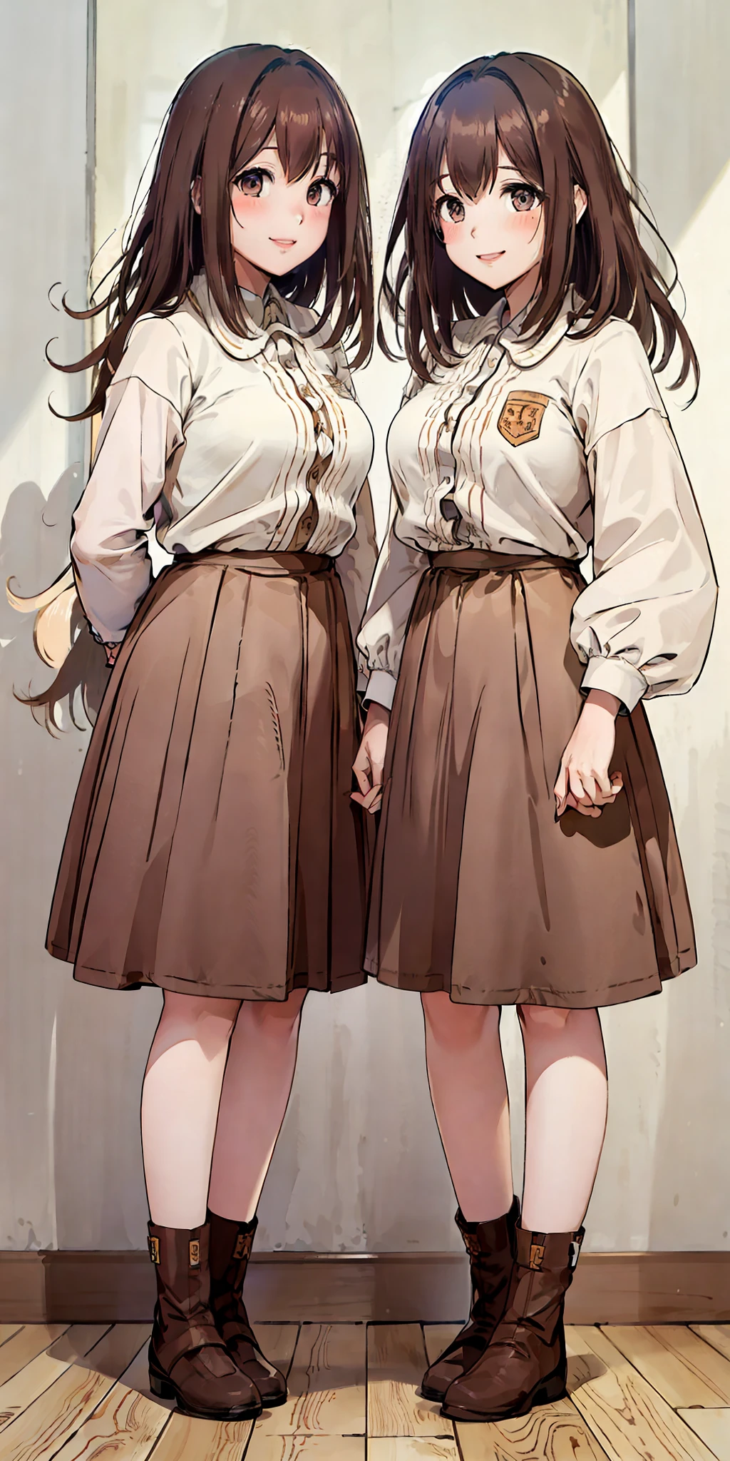 perfect anime illustration, 2girls, twin sisters, identical sisters, brown hair, blonde hair, (1 blonde girl, 1 brown haired girl, different hair colors), curly hair, matching hairstyle, hazel eyes, smiling, ((matching outfits)), matching hairstyles, white background, highres, full body, pose