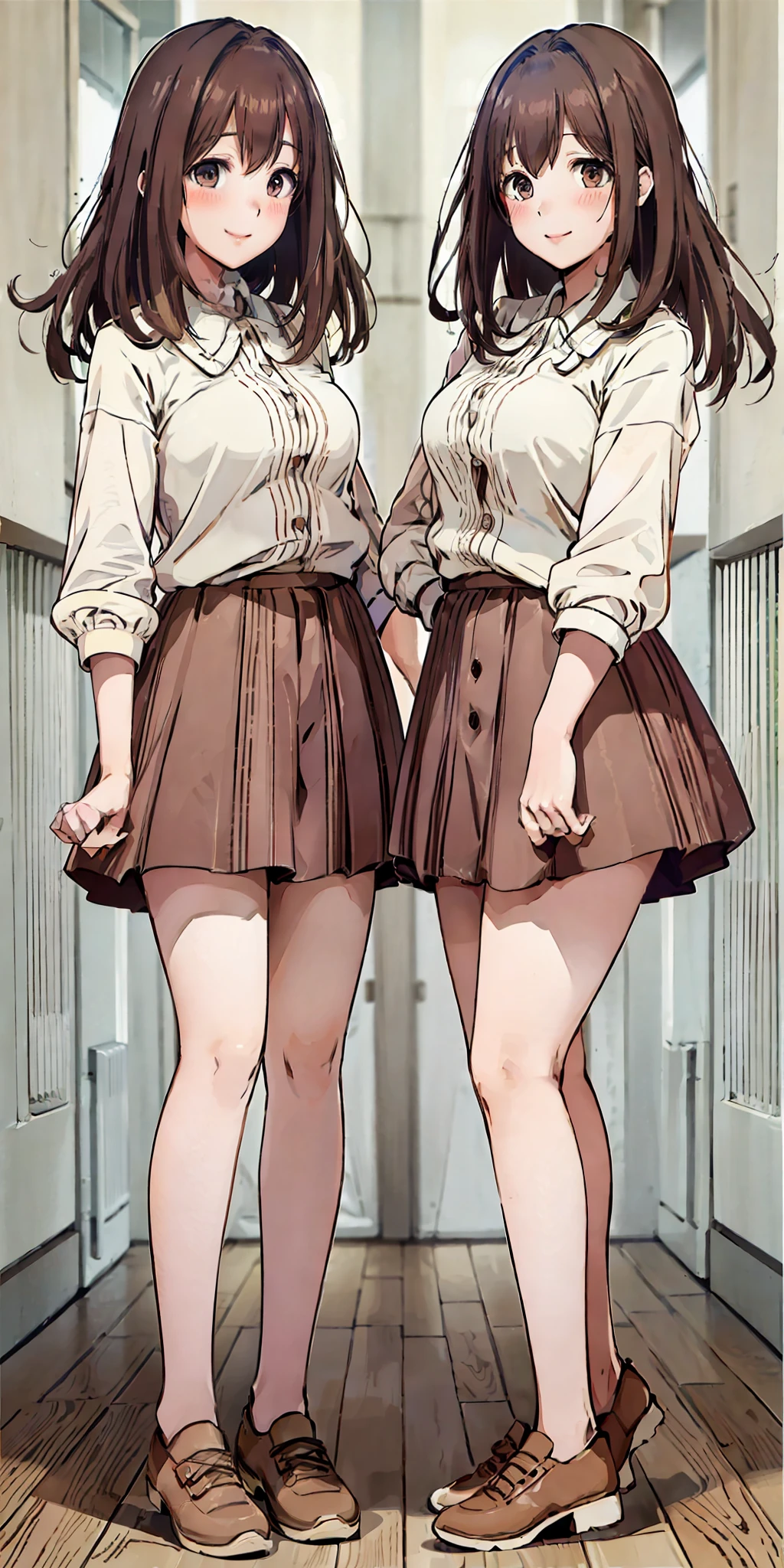 perfect anime illustration, 2girls, twin sisters, identical sisters, brown hair, blonde hair, (1 blonde girl, 1 brown haired girl, different hair colors), curly hair, matching hairstyle, hazel eyes, smiling, ((matching outfits)), matching hairstyles, white background, highres, full body, pose