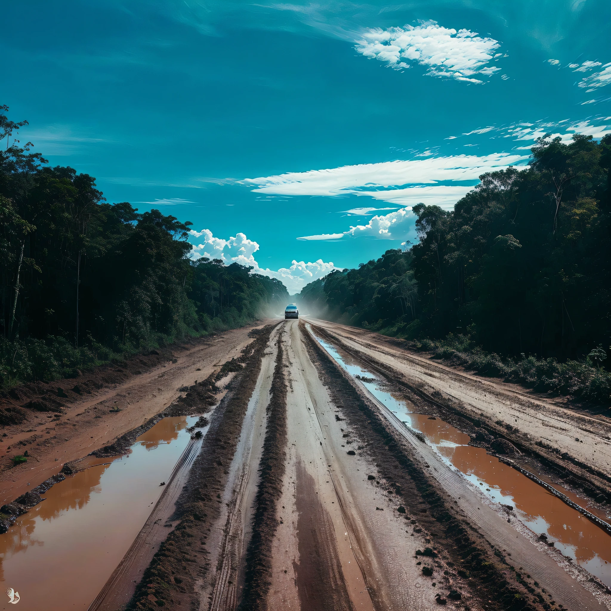 Transamazonian road, BR 319, flat and straight road full of mud and clay passing through the middle of the Amazon forest, professional photo, high quality