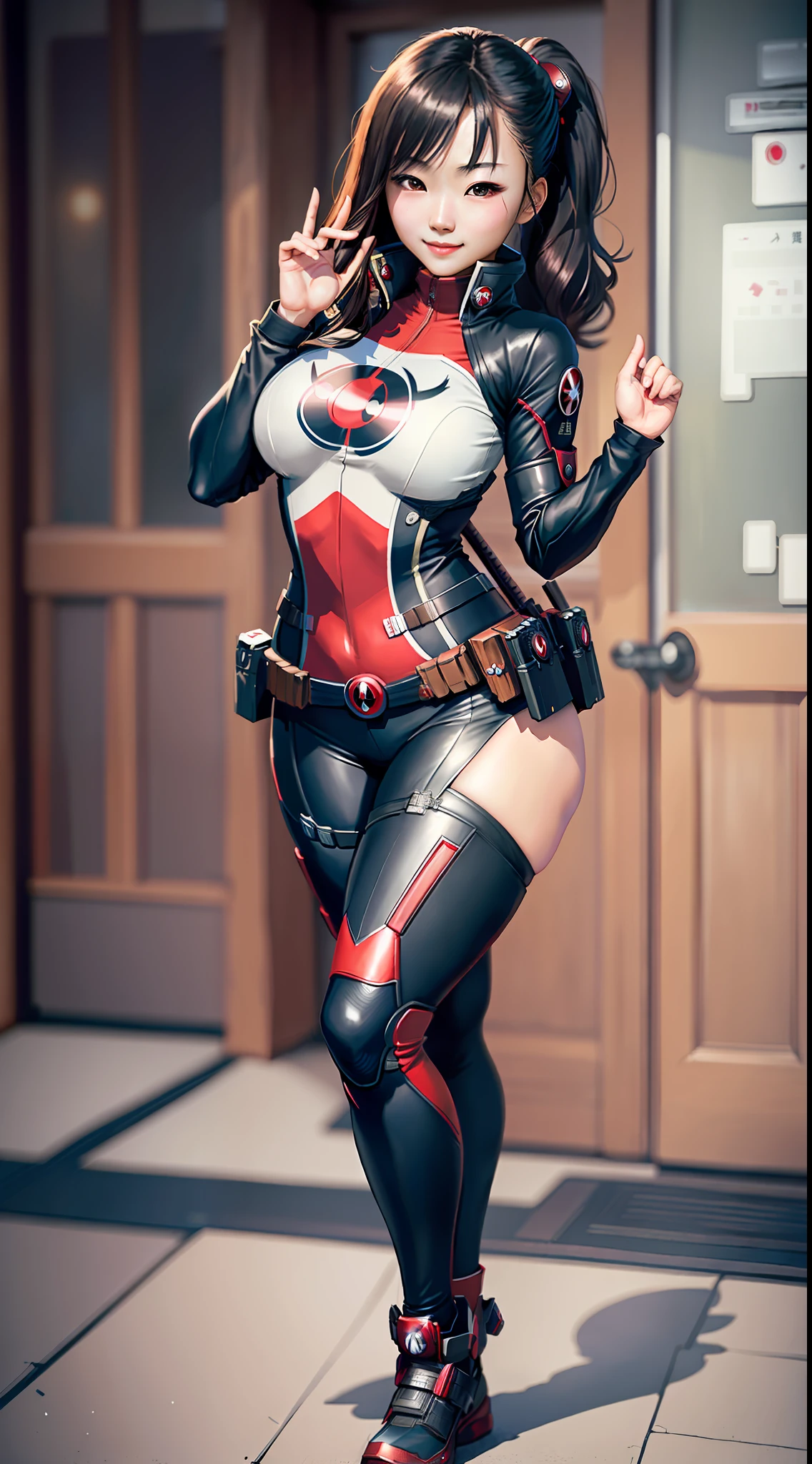 masterpiece, maximum quality, ultra high resolution, 8k, Japanese girl (extremely beautiful), full body, very thin, detailed face, detailed eyes, mischievous smile, wide hips, thick thighs, smooth and soft pellet, wearing Deadpool uniform