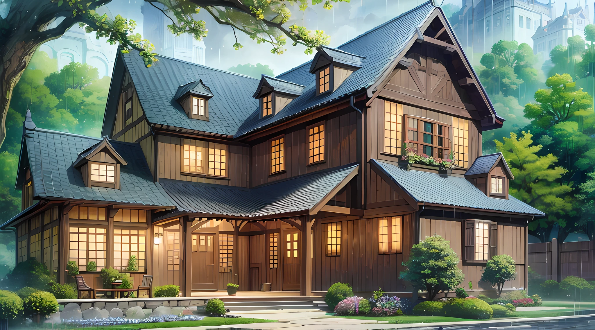 masterpiece, best quality, official art, extremely detailed CG 8k wallpaper, outdoor, cat night, spring \(season\), rainy sky, studio ghibli, garden, villa,