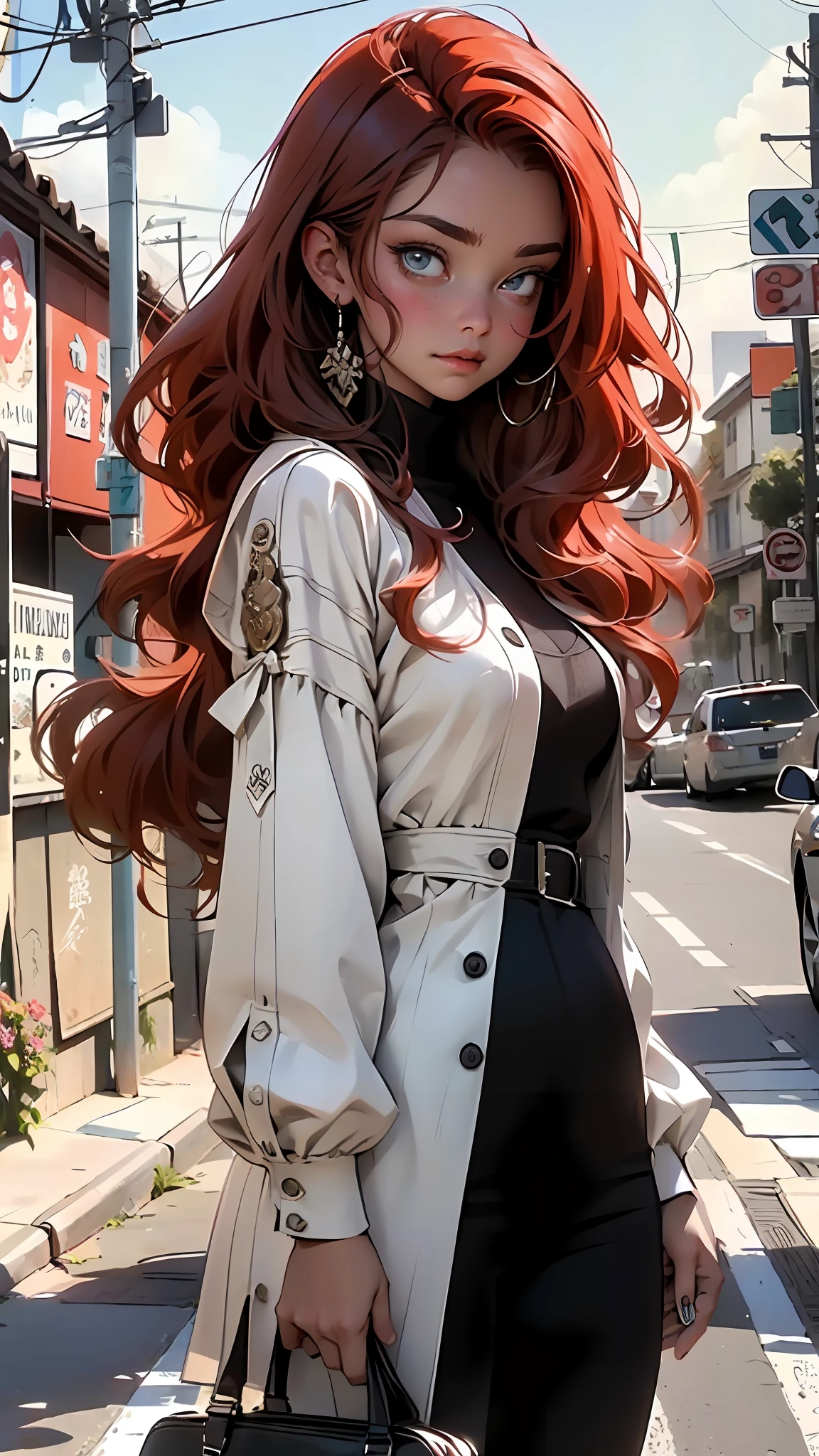 (Best Quality, Masterpiece), Best Quality, High Resolution, Masterpiece, Best Detail, 8k, Close Up, Realistic, 35mm, Intricate Detail, HDR, Intricate Detail, Ultra Detail, Natural Skin Texture, Surrealism, Sharp, Best Quality, High Resolution, (One Girl: 1.6), (lora:RussianDoll: 0.4), (Lora:TaiwanDoll: 0.4), (Best Quality, 8k, Masterpiece: 1.3), Highly detailed face and skin texture, detailed eyes, double eyelids, bleached skin, long hair split edges, (round face: 1.4), blue sky, white clouds, road, sea, (behino shape) shooting angle, (cowboy shot) cowboy angle, add to your charm, RED HAIR