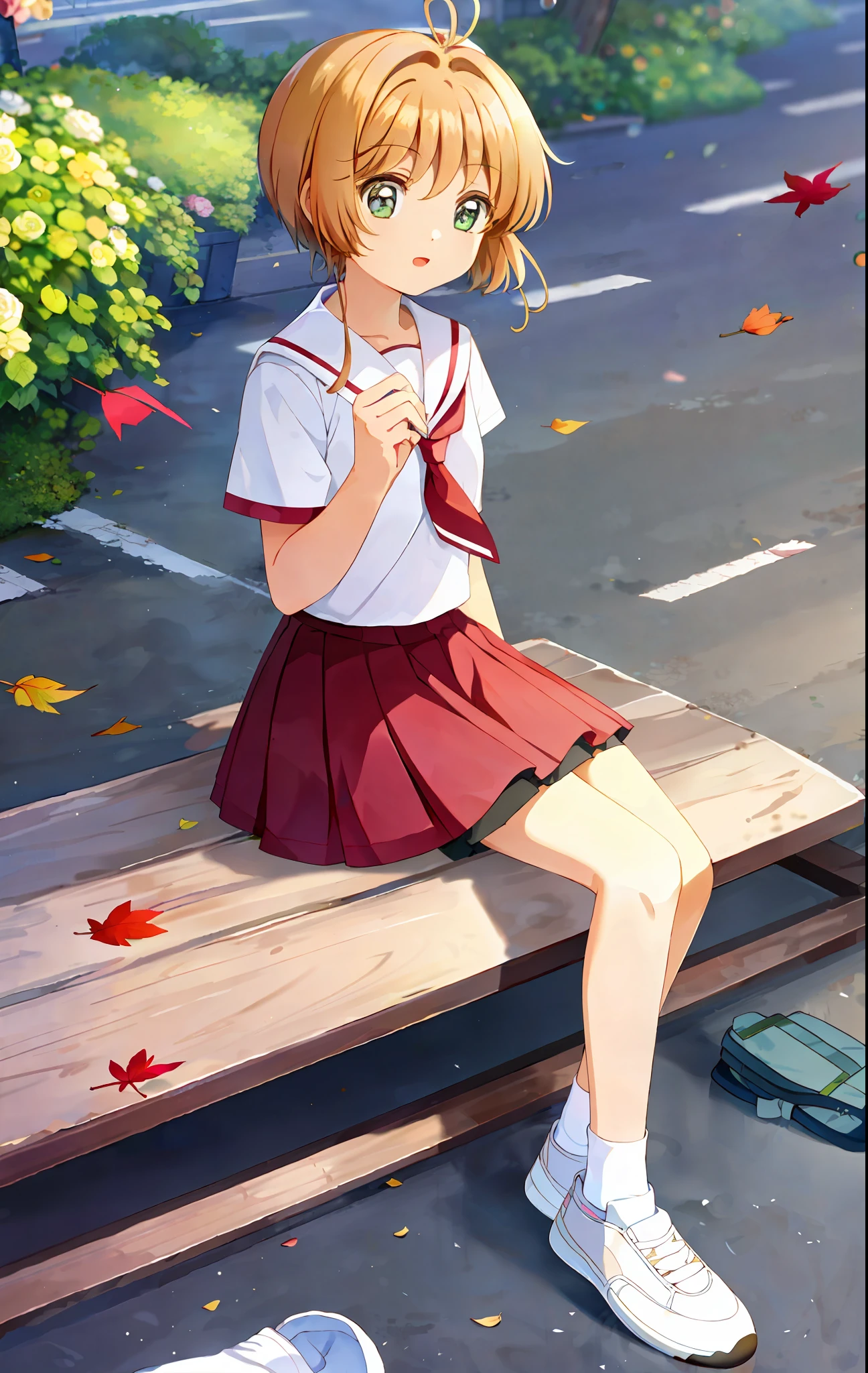 Masterpiece, best quality, 1girl, solo, kinomo rose to sakura, skirt, sneakers, socks, street, cherry leaves falling, sitting on bike, school.
