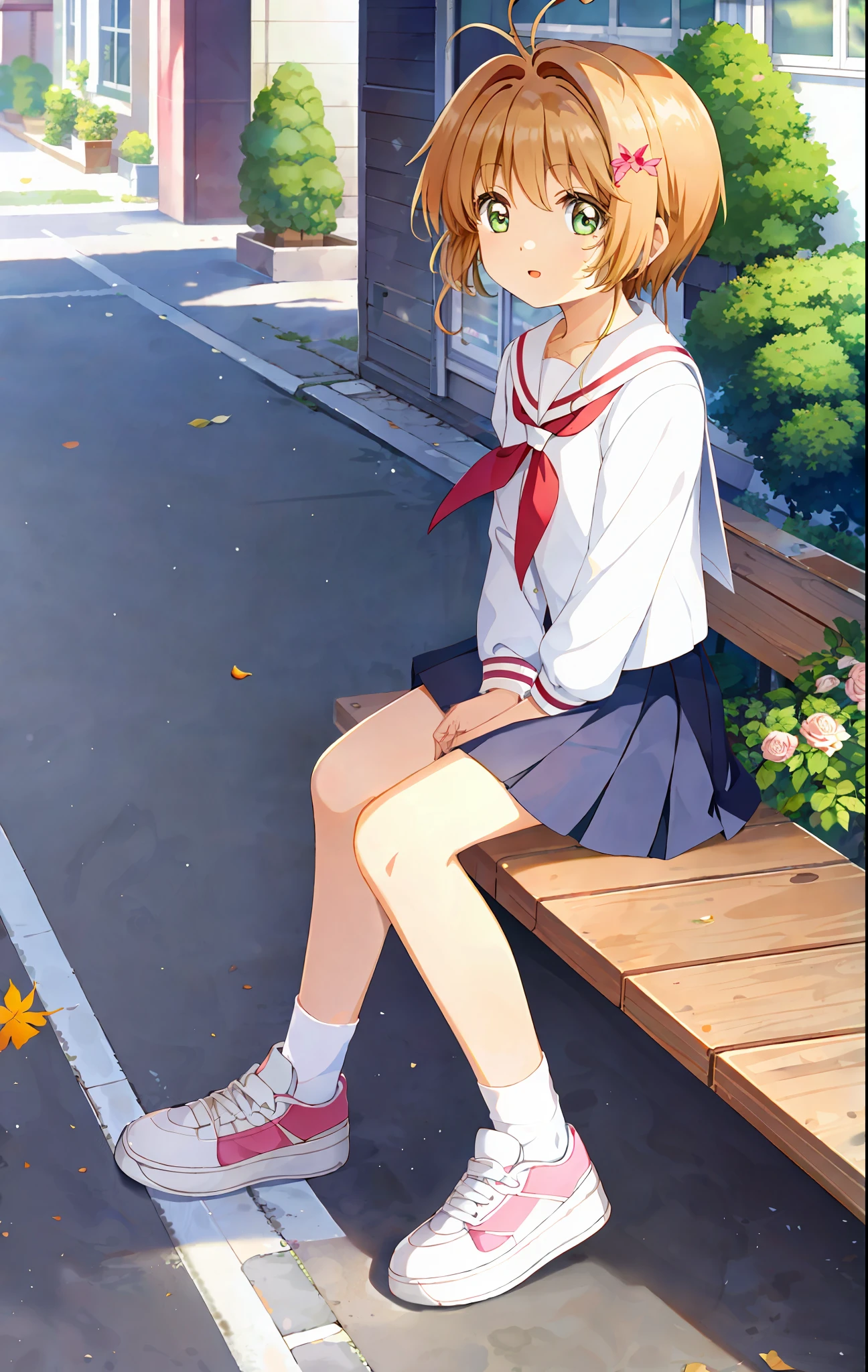 Masterpiece, best quality, 1girl, solo, kinomo rose to sakura, skirt, sneakers, socks, street, cherry leaves falling, sitting on bike, school.