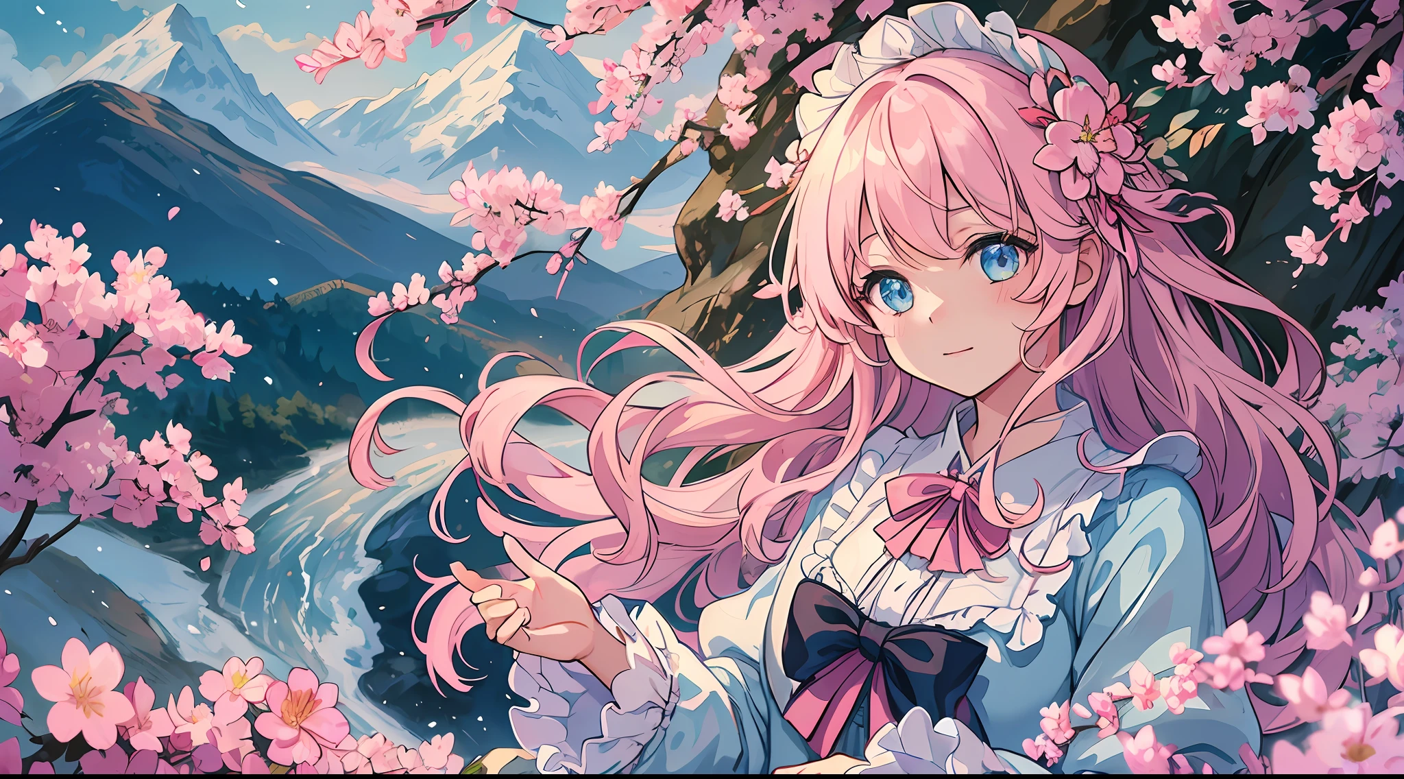 (1girl:1.2), slight blush, hands down, wavy hair, long hair, fluffy hair, pastel pink hair, icy blue eyes, sakura tree, hair flower, capelet, lace trim, lace, frills, lolita, elegant, bodice, wind, winter, mountain range, mountain sitting near mountain, detailed water, sparkling eyes, light smile, peaceful, winter, extremely detailed, depth of field, cinematic lighting, Ghibli-like colours, high detail, scenery, high place, horizon, wind, wind blow, looking at viewer, lolita clothes, 8k, bokeh, award winning, (masterpiece:1.2), best quality, anatomically correct, perfect hands