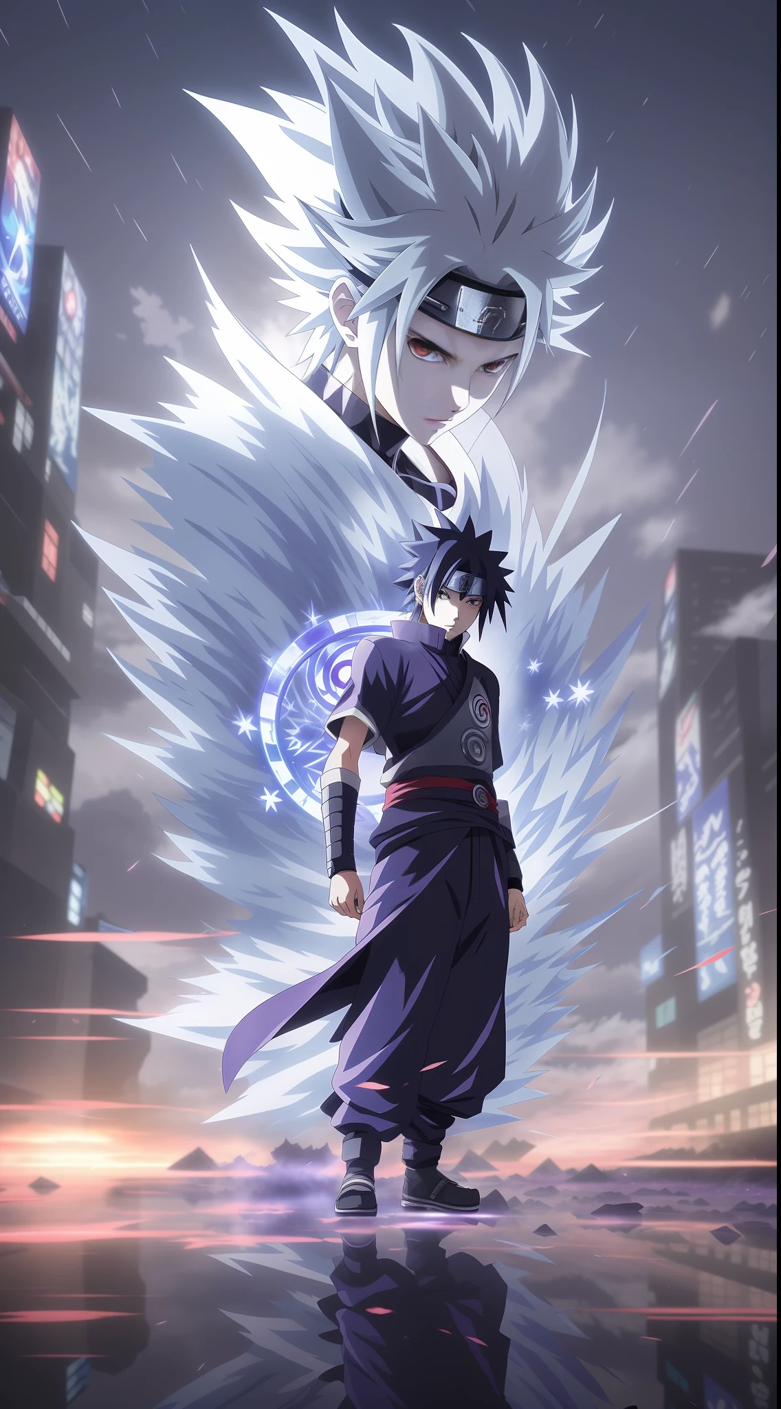 Naruto, Sasuke, Sasuke Uchiha, Sharingan, Kaleidoscope Blood Wheel Eye, Susano, Susano. Shuriken with shuriken in hand, above is Raiche, anime character in blue and white costume standing in puddle, badass anime 8 k, anime epic artwork, super instinctive, epic 8 k hd anime footage, 4k anime wallpaper, anime style 4 k, 4 k manga wallpaper, premium digital anime art, anime art wallpaper 8 k, anime art wallpaper 4k, anime art wallpaper 4k, anime wallpaper 4 k
