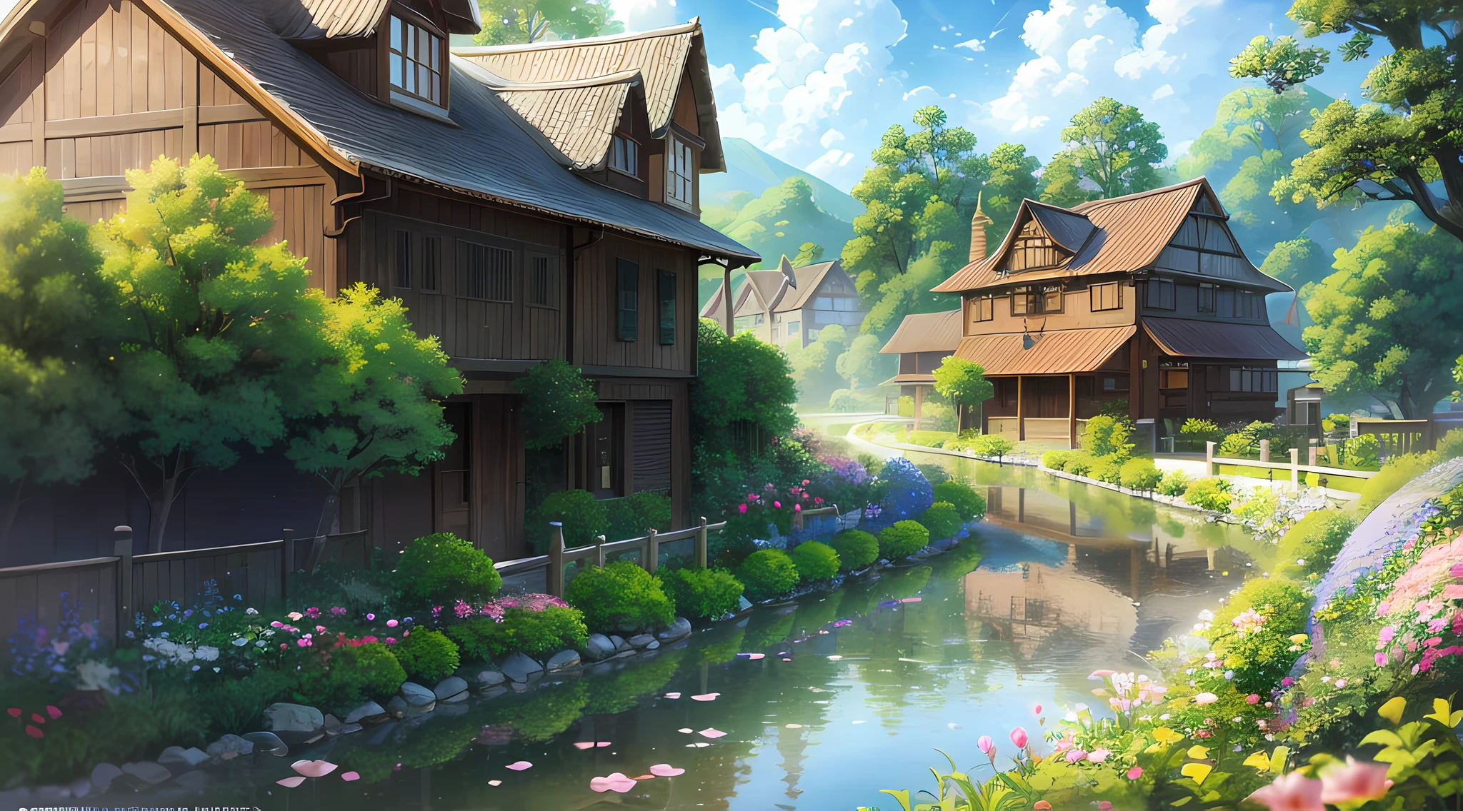 masterpiece,best quality,official art,extremely detailed CG unity 8k wallpaper,outdoors, animal, spring \(season\), cloudy sky,studio ghibli, garden,village,