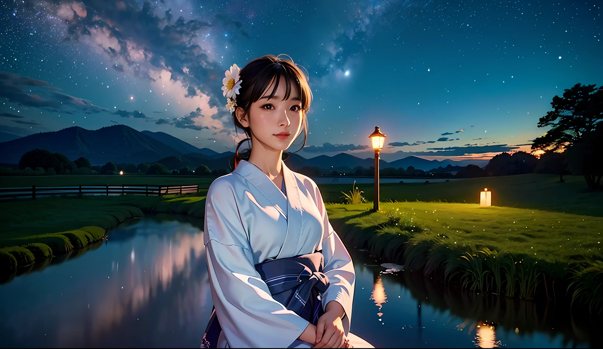 beauty, 25 years old, countryside, yukata, night, starry sky, lantern flowing,