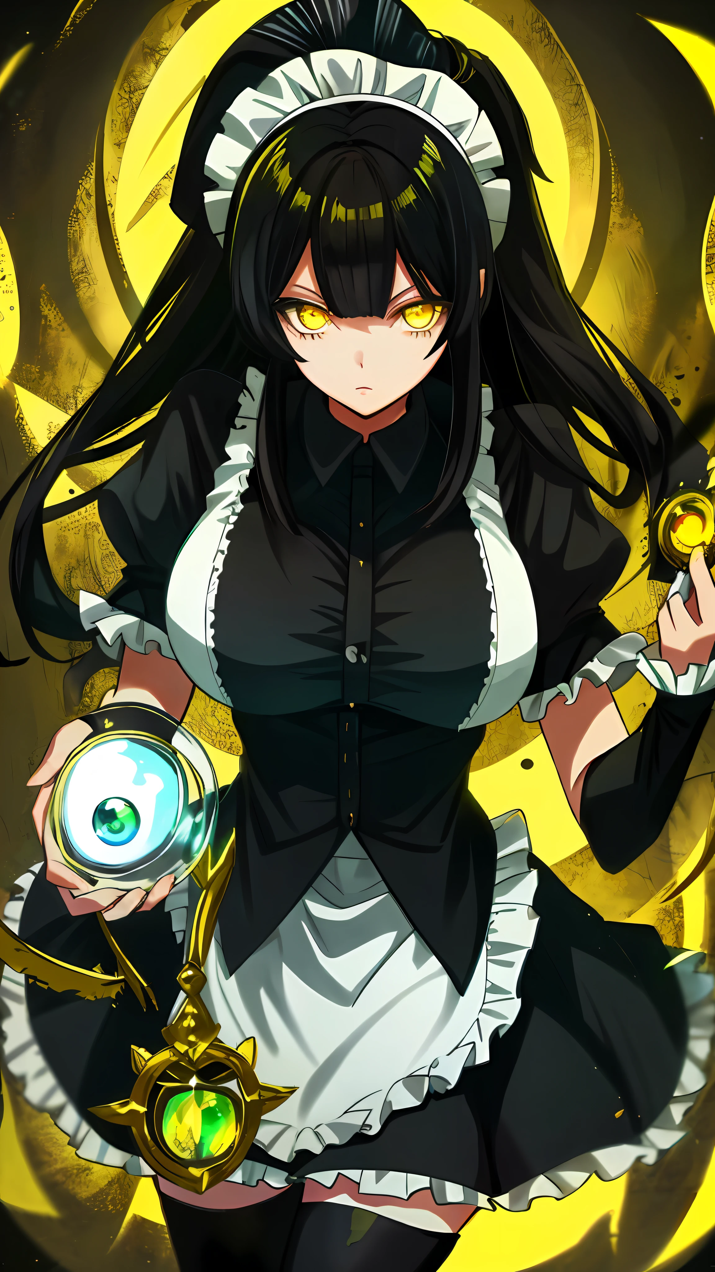 Yellow eyes, black hair, maid outfit, 1girl, large breasts, light Expression, 1girl, glass eyes,