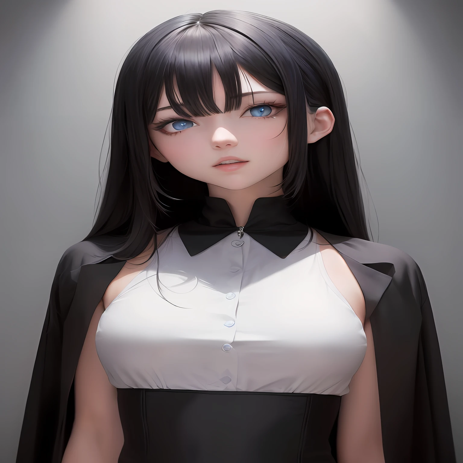 Anime girl with black hair, blue eyes and defined body, good butt and medium breasts, black clothes, shoulder-length haircut.