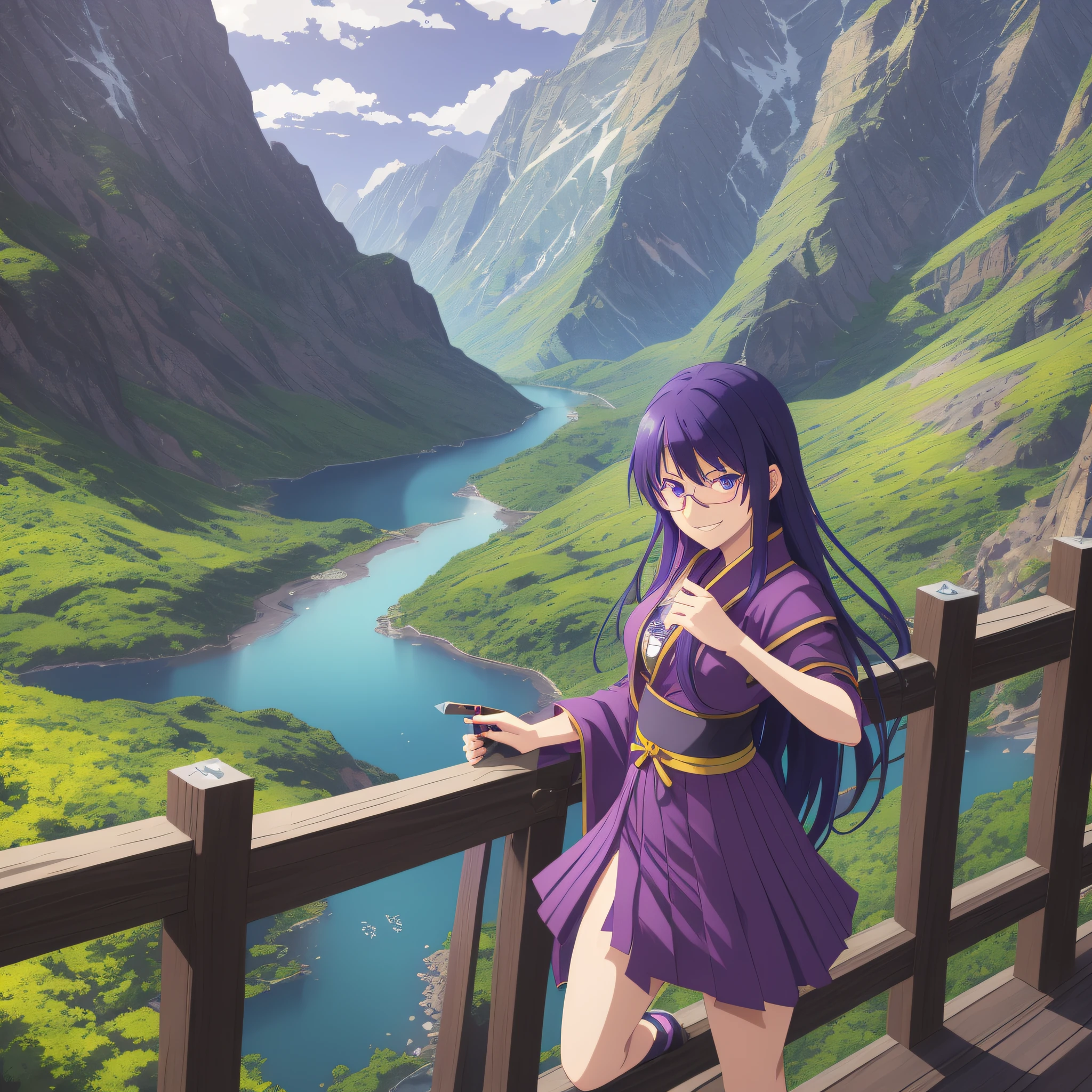 There is a picture of a mountain scene with a lake, landscape illustration, in digital illustration style, abstract nature landscape, highly detailed illustration, stunning nature in the background, amazing landscape in the background, detailed scenic view, landscape of geometric shapes, stylized digital illustration, a beautiful art illustration, detailed scenery art, digital landscape art,  Detailed 2D illustration
Anime girl with purple hair and a purple cape holding a knife, Iwakura Lain, King Hiroe, Gapmoe Yandere, as an anime character, Anime Moe Artstyle, Rumiko, Chiho, Wataru Kajika, she has purple hair, Misato Katsuragi, Tsukasa Dokite, Gapmoe Yandere Grimdark

anime character with blue hair and glasses smiling for camera, 2d anime style, 2d anime, roguish smile, smug facial expression, Shiro Takatani, slightly happy facial expression, smug expression, smiling expression, 2D art, 2d art, wonderful expression, Valorant jett, Cushart Krenz --auto --s2