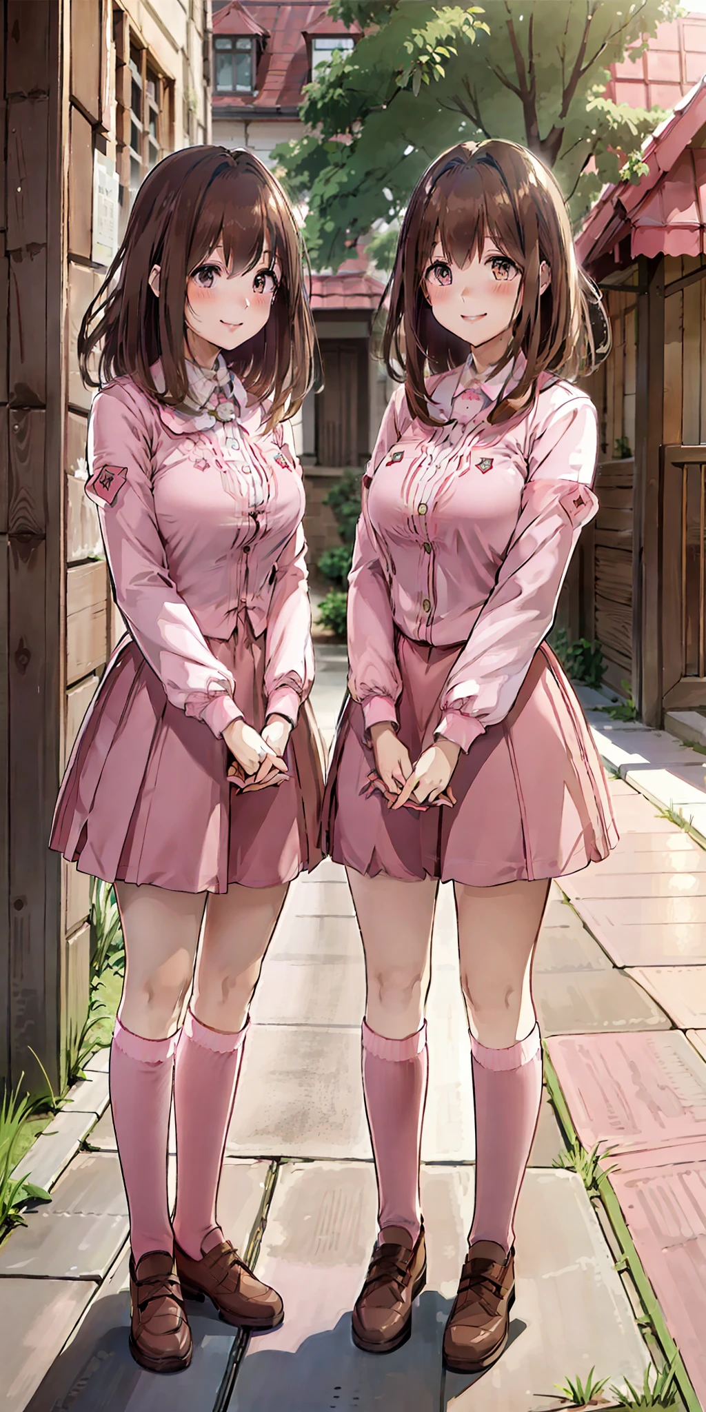 perfect anime illustration, 2girls, twin sisters, identical sisters, brown hair, blonde hair, (1 blonde girl, 1 brown haired girl, different hair colors), curly hair, matching hairstyle, hazel eyes, smiling, ((matching outfits, pink uniform)), matching hairstyles, white background, highres, full body, pose