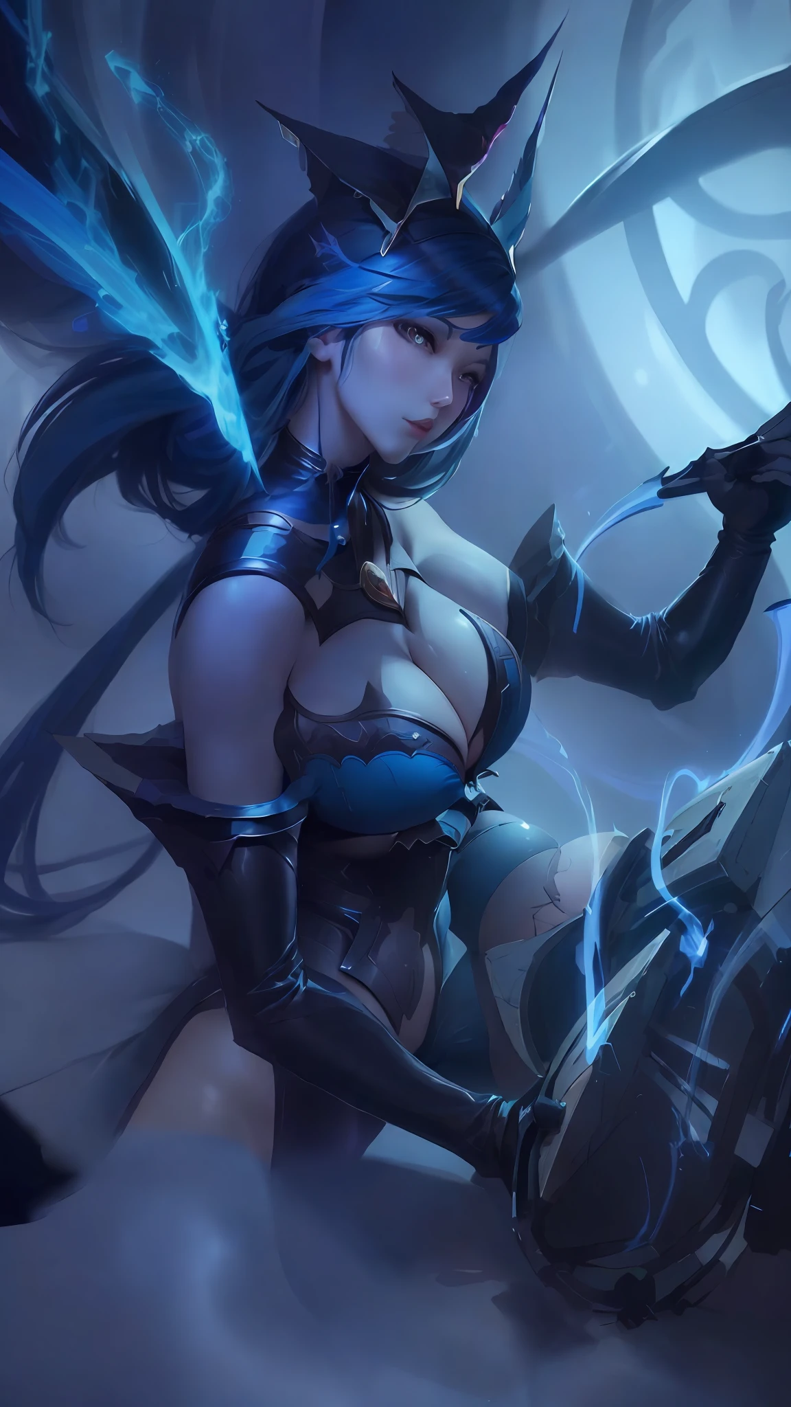 a close up of a woman with a blue hair and a black outfit, extremely detailed artgerm, (super huge breast:1.7), evelyn league of legends, style of artgerm
