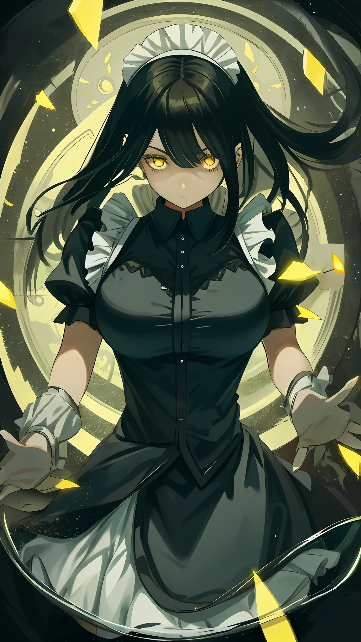 Yellow eyes, black hair, maid outfit, 1girl, large breasts, light Expression, 1girl, glass eyes, hands down, arms, straight down, arms down, hands out of frame, reflective eyes, eyes perfect details, water glass eyes