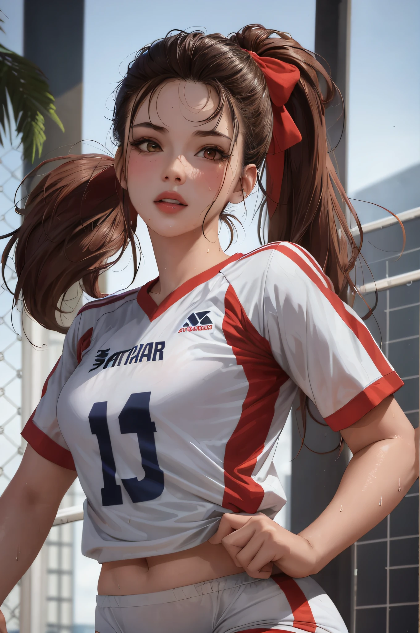 Masterpiece: 1.2, Best Quality), Realism, (Real Pictures, Intricate Details, Depth of Field), (1girl, Solo), Makeup, Lip Parting, High Detail, Perfect Face, (Small Tits: 1.4), (Skindentation), Thick Thighs, Wide Buttocks, Thin Waist, Tall, Coral Lips, Brunette Hair, Red Eyes, Ponytail, (Girl Playing Volleyball, White Volleyball Uniform), (Sweating: 1.2), (Wet), Sexy, Blushing,