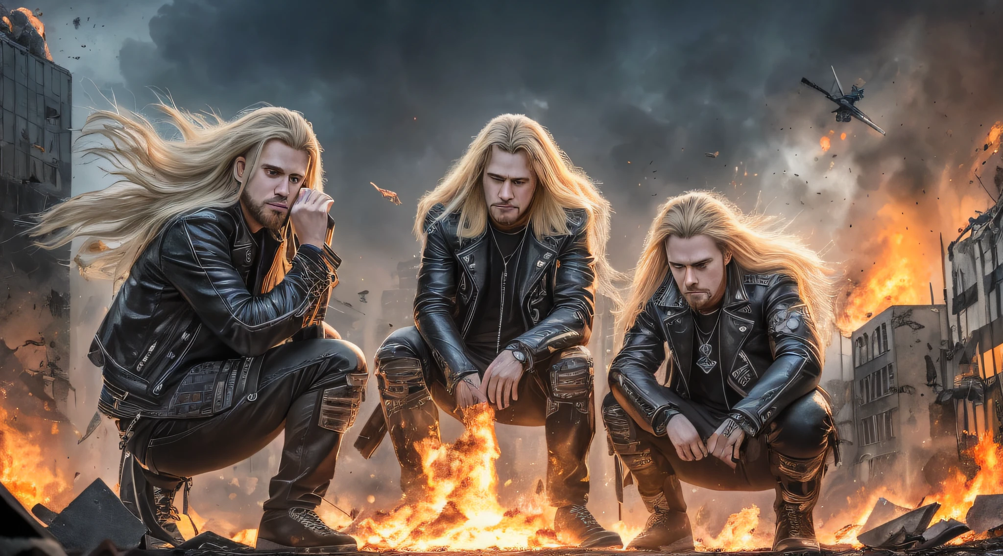 best quality, ultra high resolution, (photorealistic: 1.4), THREE men LONG BLONDE HAIR, a closeup .leather jackets, destruction, heavy metal band promotion, 4k destruction, devastation, destructive, total destruction, smoke and destruction, official art, destruction around you, desolation, demolition, heavy rock band promo photo, city destruction, thrash metal, distortion, massive destruction,  destroyed, detonation, robot destruction, cosmic destruction