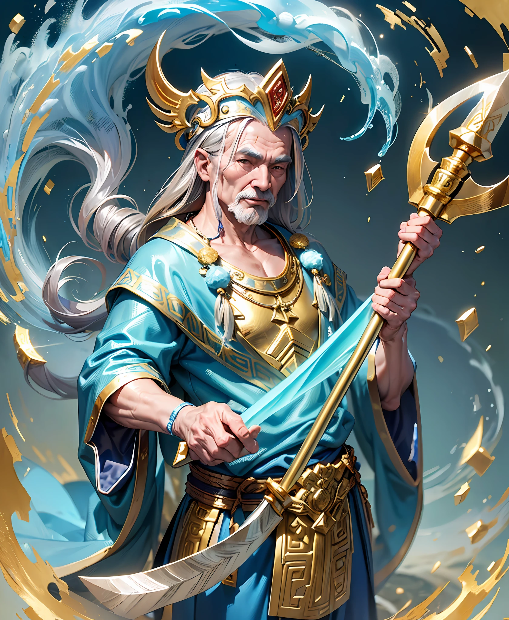 1 elderly man, the ancient river god of China, covered in a cyan robe and cape. Wearing a headdress and necklace decorated with water ripples, (((gold axe in left hand, silver axe in right hand)))