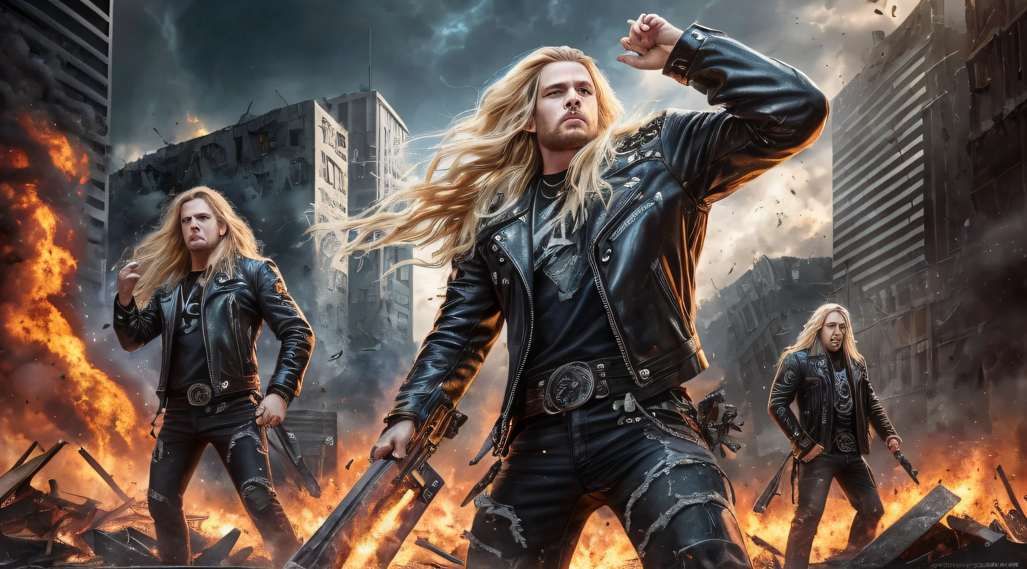best quality, ultra high resolution, (photorealistic: 1.4), THREE men LONG BLONDE HAIR, a closeup .leather jackets, destruction, heavy metal band promotion, 4k destruction, devastation, destructive, total destruction, smoke and destruction, official art, destruction around you, desolation, demolition, heavy rock band promo photo, city destruction, thrash metal, distortion, massive destruction, destroyed, detonation, robot destruction, cosmic destruction