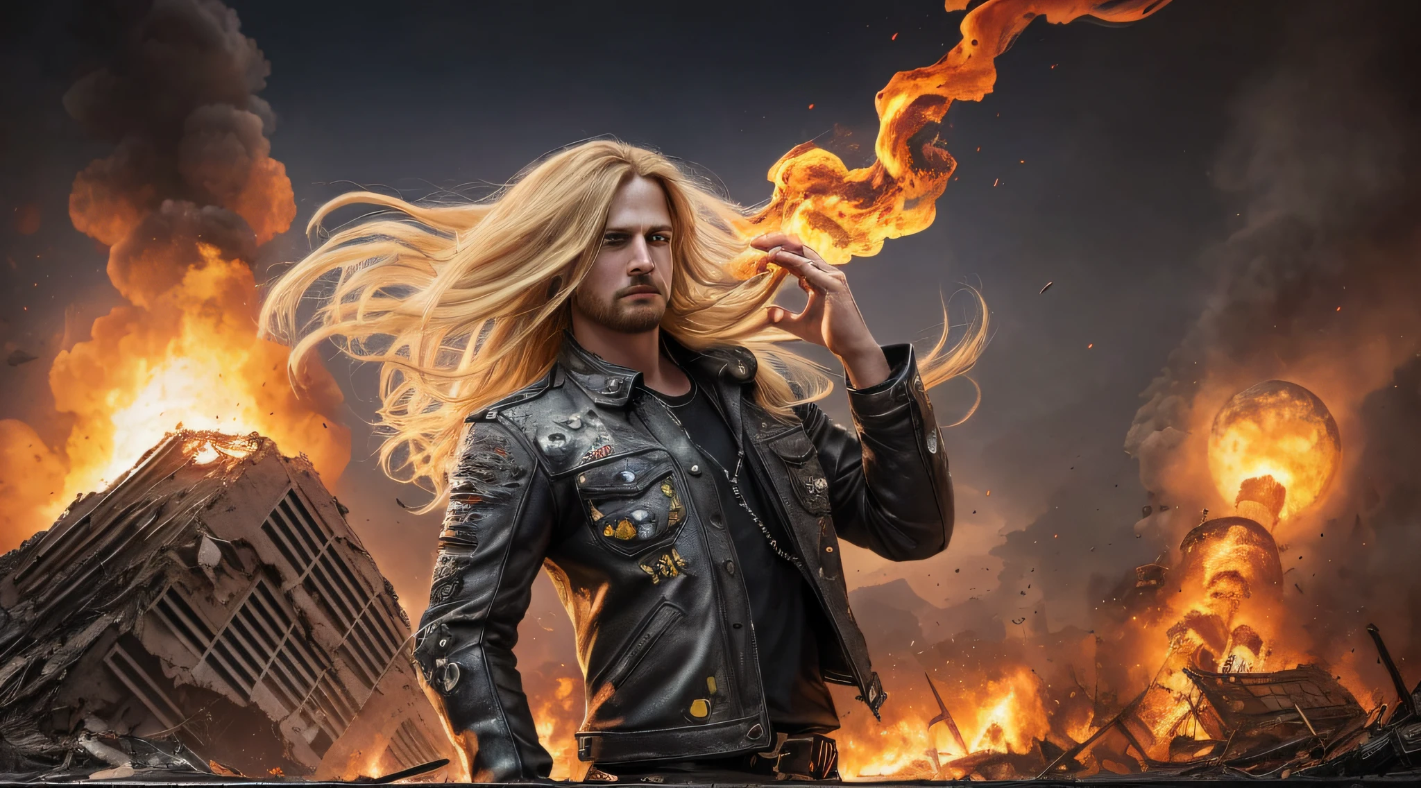 best quality, ultra high resolution, (photorealistic: 1.4), THREE men LONG BLONDE HAIR, a closeup .leather jackets, destruction, heavy metal band promotion, 4k destruction, devastation, destructive, total destruction, smoke and destruction, official art, destruction around you, desolation, demolition, heavy rock band promo photo, city destruction, thrash metal, distortion, massive destruction, destroyed, detonation, robot destruction, cosmic destruction