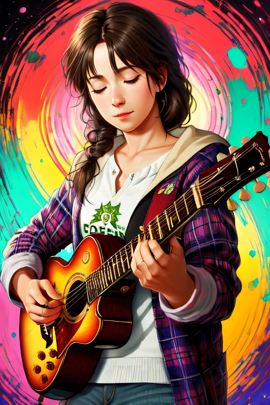A realistic portrait of a musician playing a guitar, surrounded by swirling, colorful music notes in the background, in the art style of artists called "Esao Andrews", "Stanley Mouse", and "Dan Mumford