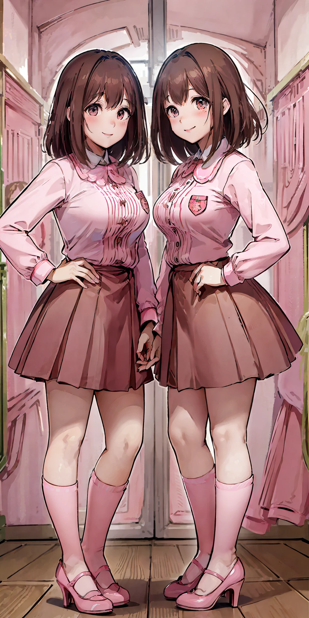 perfect anime illustration, 2girls, twin sisters, identical sisters, brown hair, blonde hair, (1 blonde girl, 1 brown haired girl, different hair colors), curly hair, matching hairstyle, hazel eyes, smiling, ((matching outfits, pink uniform, high heels)), matching hairstyles, white background, highres, full body, pose