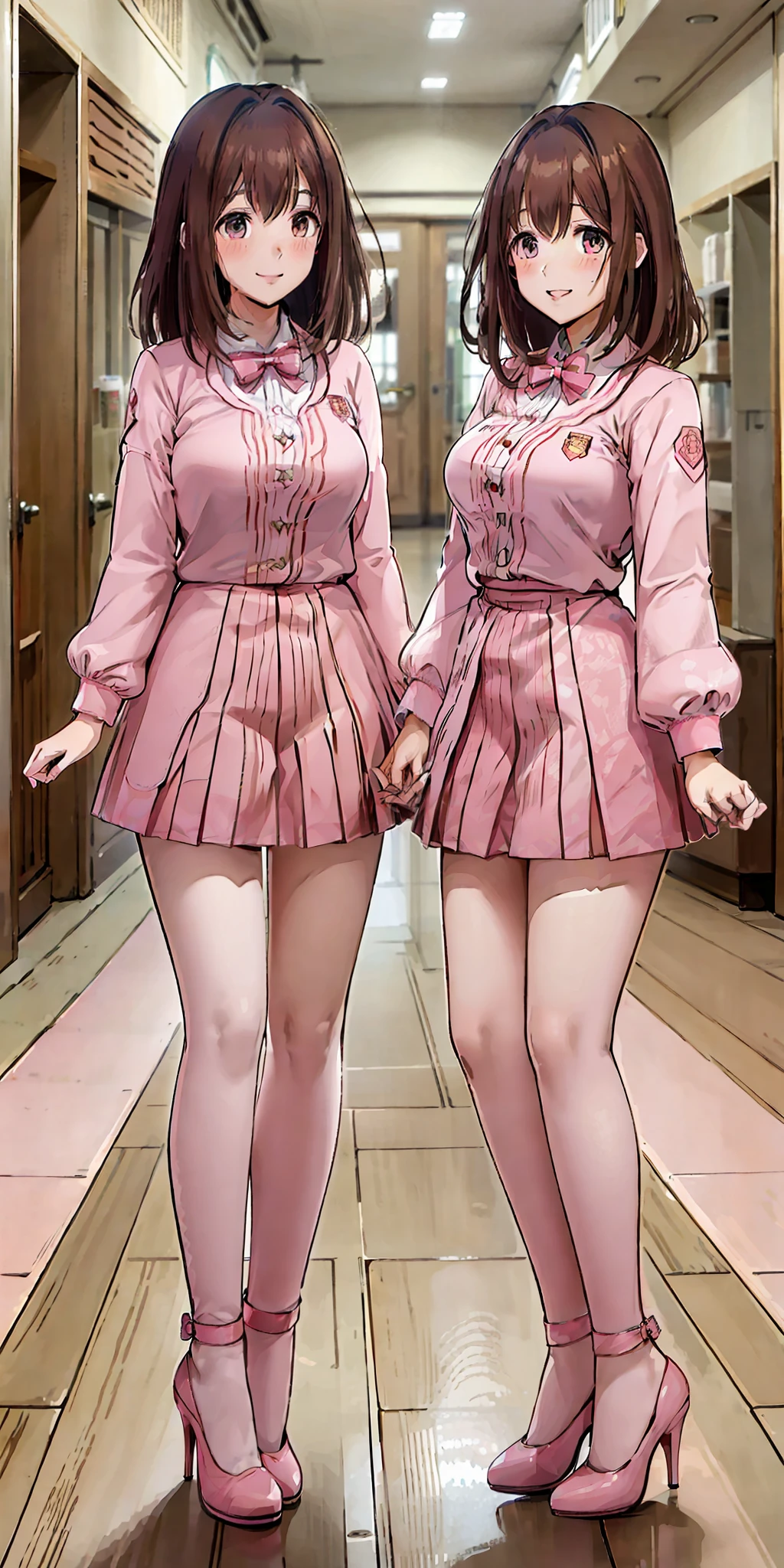perfect anime illustration, 2girls, twin sisters, identical sisters, brown hair, blonde hair, (1 blonde girl, 1 brown haired girl, different hair colors), curly hair, matching hairstyle, hazel eyes, smiling, ((matching outfits, pink uniform, high heels)), matching hairstyles, white background, highres, full body, pose