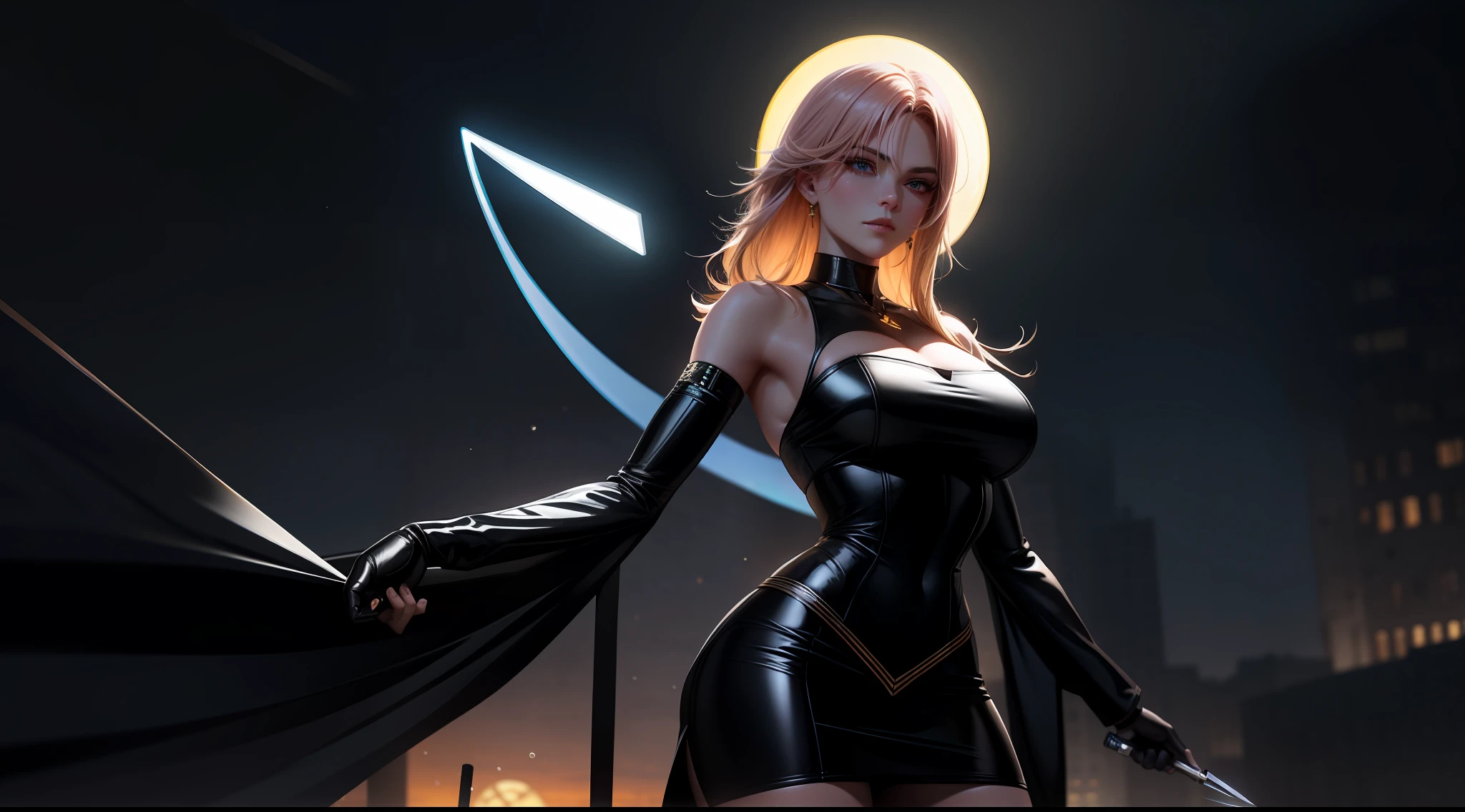 Yor Forger, Spy X Family, Night, Moon Light, Neon, Big Hips, Athletic Body, Knives with Blood, Elegant Black Skirt