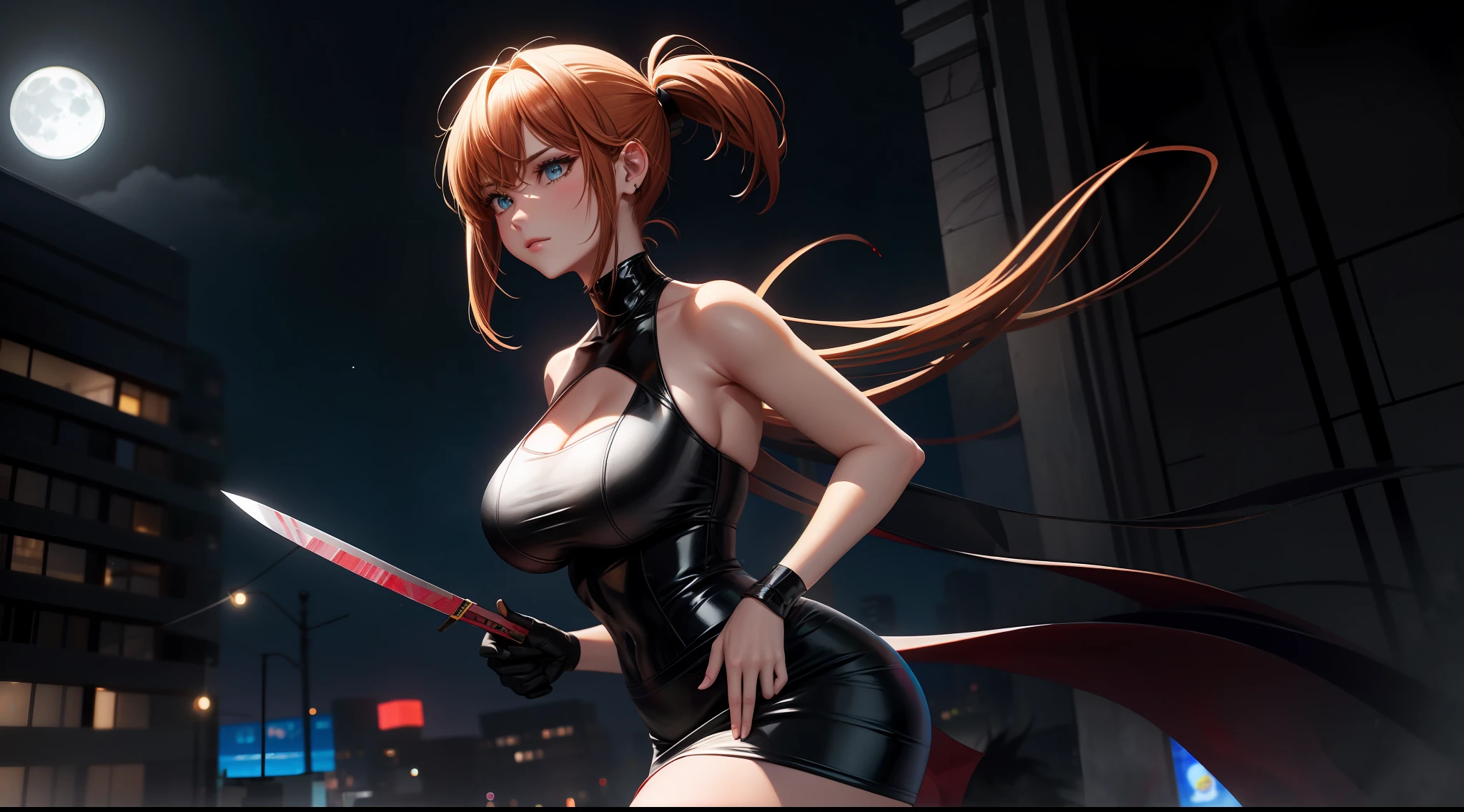 Yor Forger, Spy X Family, Night, Moon Light, Neon, Big Hips, Athletic Body, Knives with Blood, Elegant Black Skirt