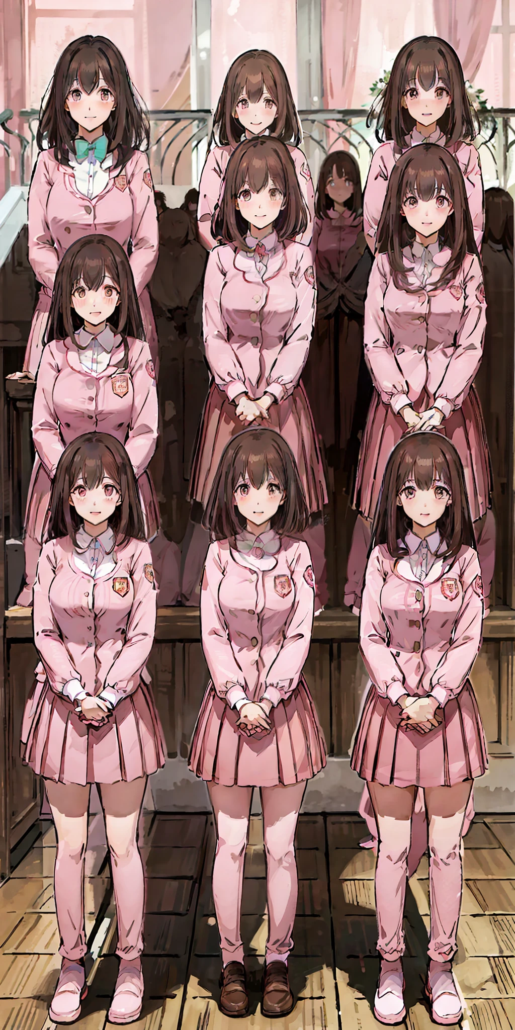 perfect anime illustration, multiple girls, thousands of girls, millions of girls, clones, identical sisters, neat rows of sisters, neat columns of sisters, sisters standing in formation, sisters in background, brown hair, curly hair, matching hairstyle, hazel eyes, smiling, ((matching outfits, pink uniform)), matching hairstyles, white background, highres, full body, pose