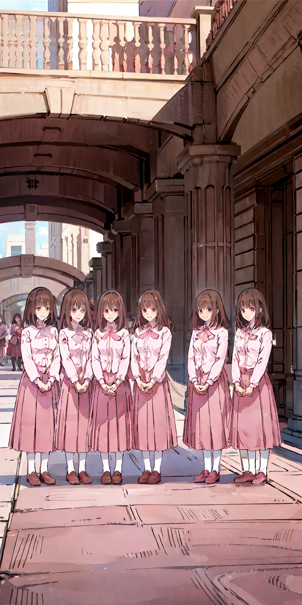 perfect anime illustration, multiple girls, thousands of girls, millions of girls, clones, identical sisters, neat rows of sisters, neat columns of sisters, sisters standing in formation, sisters in background, brown hair, curly hair, matching hairstyle, hazel eyes, smiling, ((matching outfits, pink uniform)), matching hairstyles, white background, highres, full body, pose