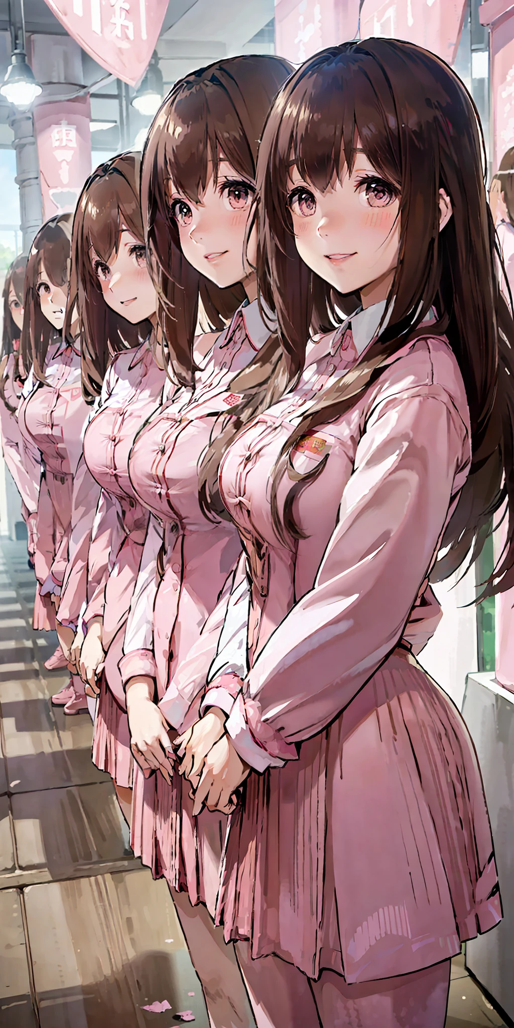 perfect anime illustration, multiple girls, thousands of girls, millions of girls, clones, identical sisters, neat rows of sisters, neat columns of sisters, sisters standing in formation, sisters in background, brown hair, curly hair, matching hairstyle, hazel eyes, smiling, ((matching outfits, pink uniform)), matching hairstyles, white background, highres, full body, pose