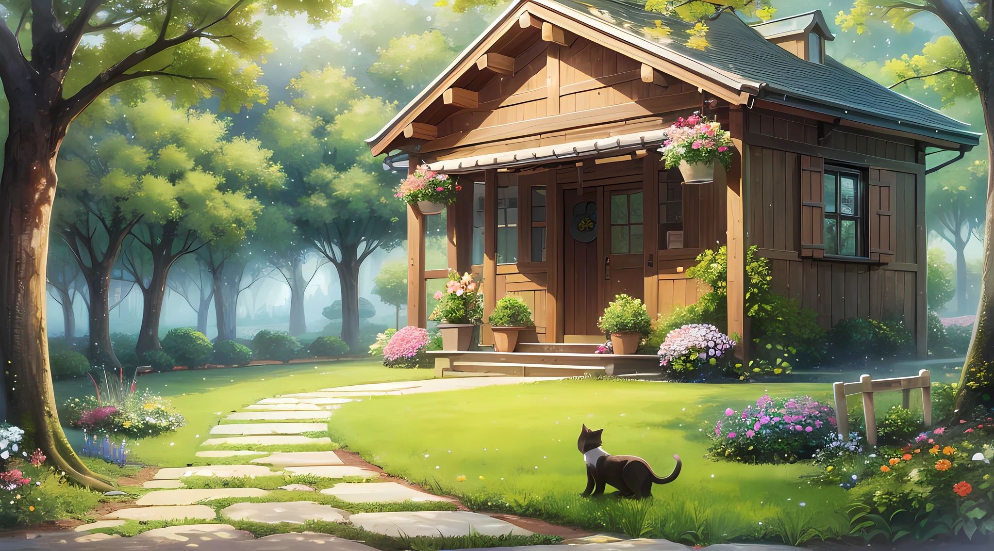 masterpiece, best quality, official art, extremely detailed CG 8k wallpaper, outdoor, cat, spring \(season\), rainy sky, studio ghibli, garden, villa,